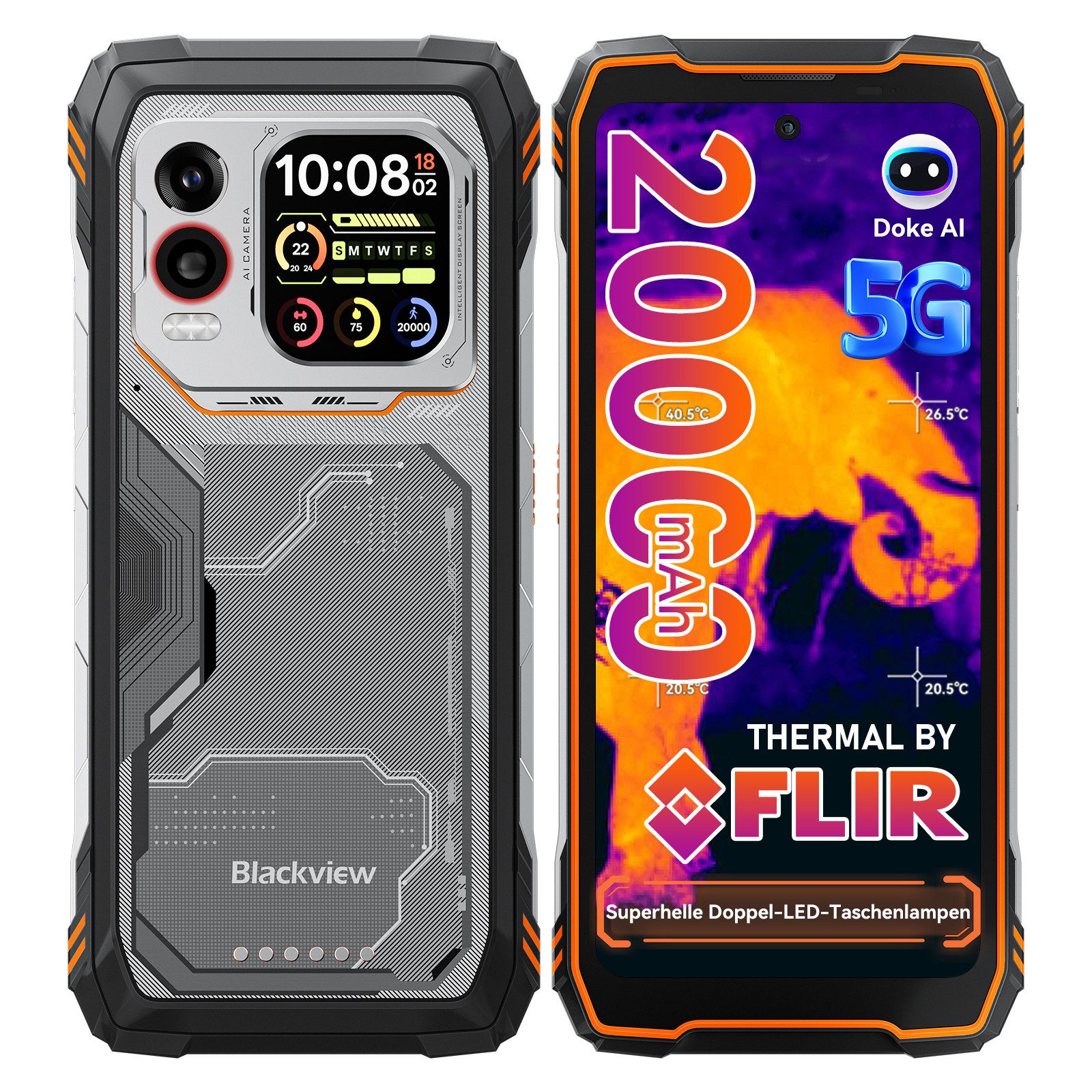 blackview Blackview XPLORE 1 Pro mit FLIR für Ingenieure Outdoor Smartphone (6,78 Zoll, 256 GB Speicherplatz, 64 MP Kamera, Dual-Screen, 64MP, 57° Breiter Sichtwinkel, 170-Lumen, IP69K)