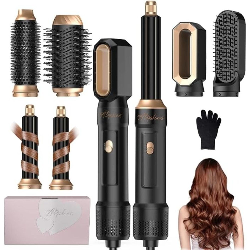 Atopskins Haartrockner Pro Haarstyler 6 in 1 Air brush Ionen mit 30mm Warmluft-Lockenstab, 1000 W, Für vielseitiges Styling zu Hause, einfach & schnell, für Volumen, Trocknen, Glätten, Locken, Geschenkset