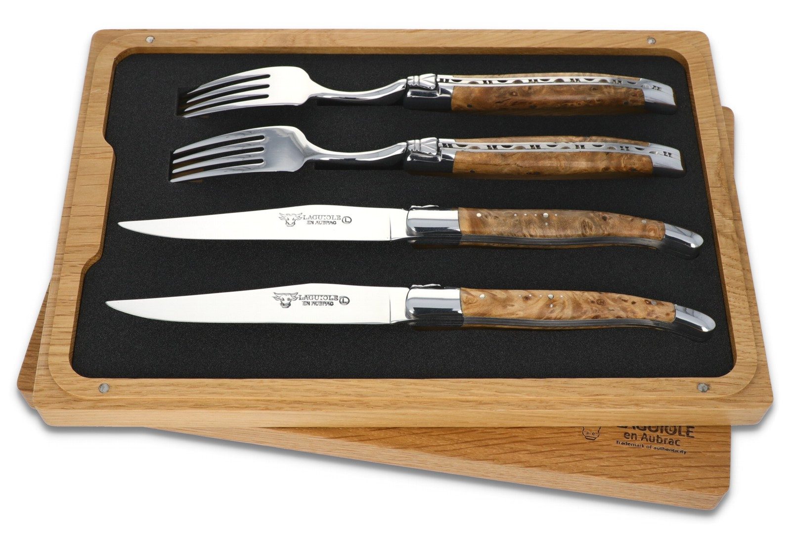 Laguiole en Aubrac Steakbesteck CCF99TYIH BRI, 2 Messer / 2 Gabeln - Griff Lindenholz - Stahl glänzend