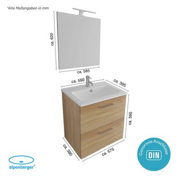 Vitra Badmöbel-Set - Waschtisch mit Unterschrank 60 cm - Wandschrank Bad Vormontiert, (Badezimmerschrank Set 3 teilig, 3-St., Antibakterielles Waschbecken & Schrank Klein Schmal), Bad Möbel Modern Set mit Waschbecken und Badspiegel mit LED Licht