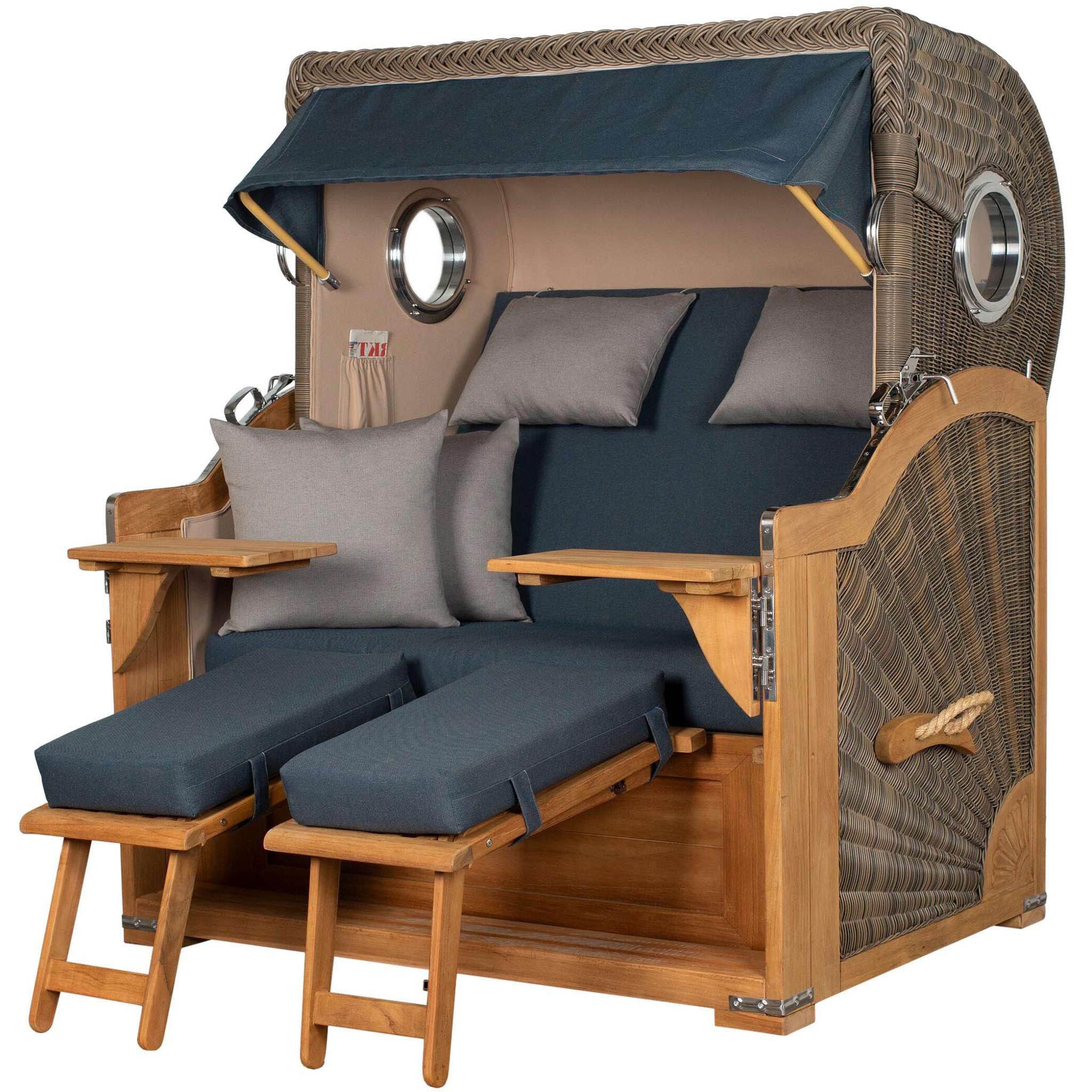 bene living Strandkorb Königssee 2,5-Sitzer Teak - PE grau - Modell 593, BxTxH: 142x95x170 cm, Volllieger, Königssee 2,5-Sitzer Teak, (Strandkorb-Komplettset, 5-tlg., Strandkorb inkl. Liftersystem und umfangreichem Zubehör), mit Windschutzfolie, Bistrotischen und bequemer Polsterung