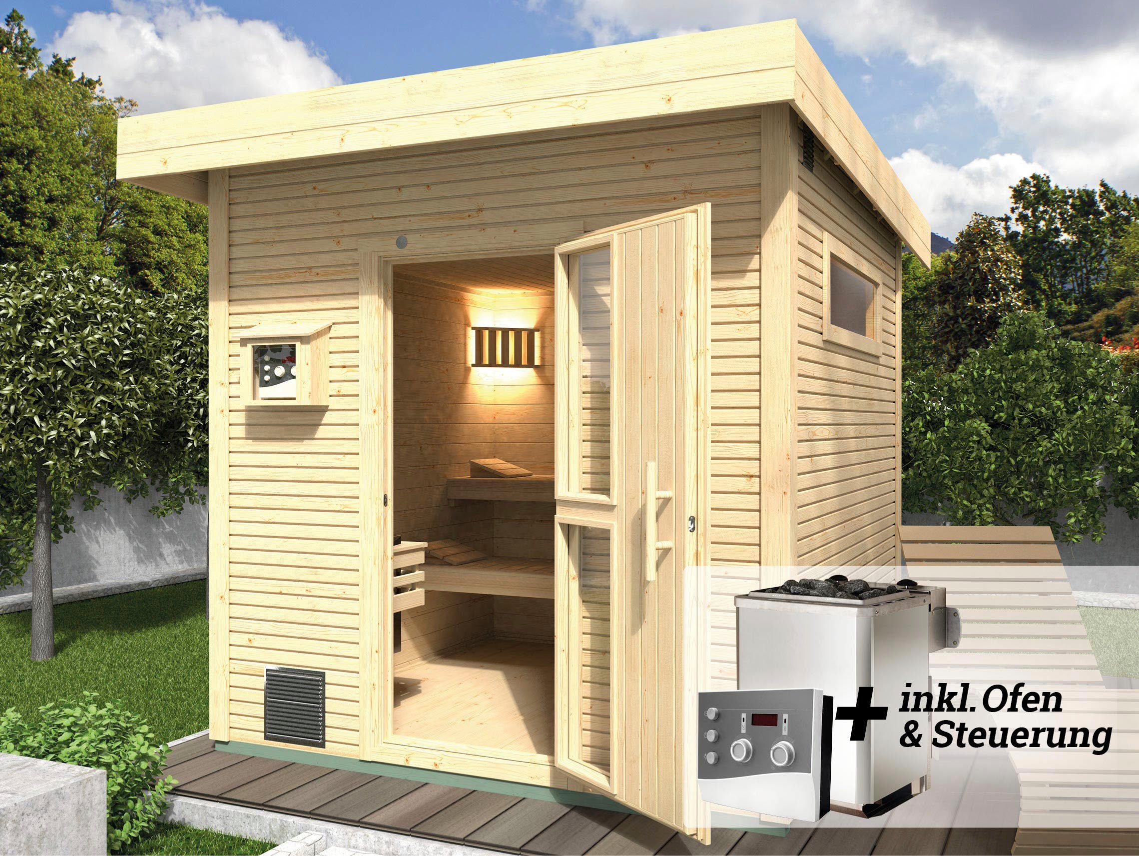 weka Saunahaus Kuopio, BxTxH: 263 x 298 x 253 cm, 45 mm, (Set) 9 kW-Ofen mit analoger Steuerung