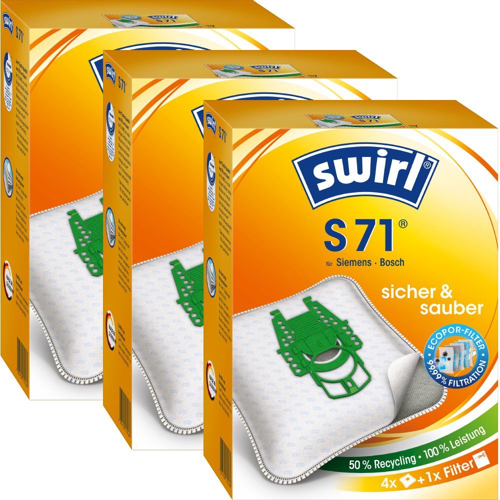 Swirl Staubsaugerbeutel Swirl S71 S 71, passend für Bosch Siemens Staubsauger, inkl. 3 Filter - zuschneidbar, 12 St., Optimale Passform, EcoPor Qualität für lange Nutzungsdauer