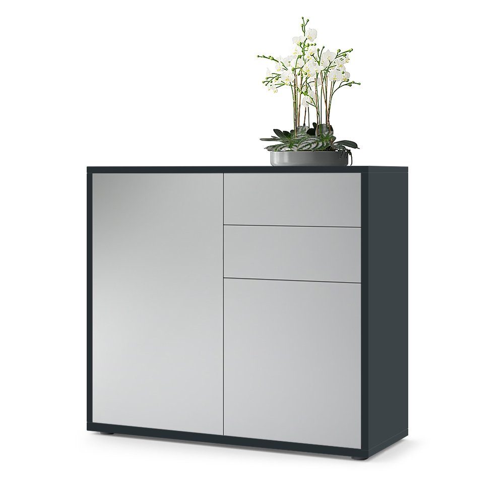 Vladon Kommode Ben V1 (Kommode, mit 2 Türen und 2 Schubladen), Schwarz matt/Hellgrau Seidenmatt (79 x 74 x 36 cm)
