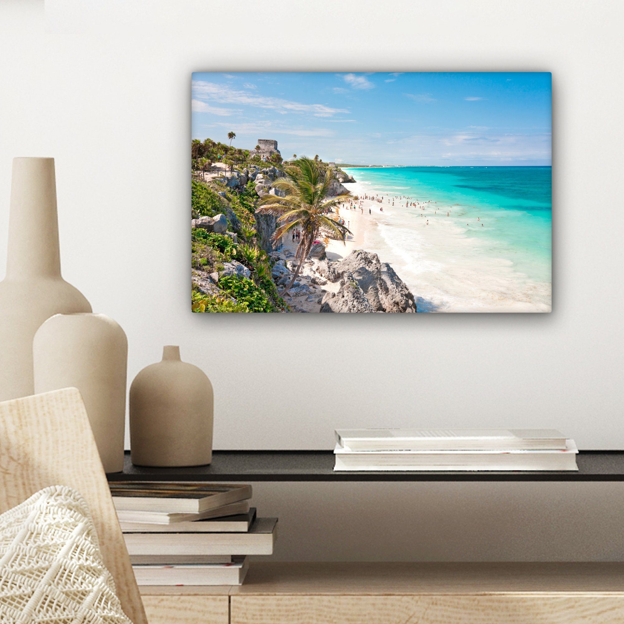 OneMillionCanvasses® Leinwandbild Blick auf 30x20 Strand den Leinwandbilder, Tulum Aufhängefertig, von Mexiko, cm in Wanddeko, (1 St), Wandbild