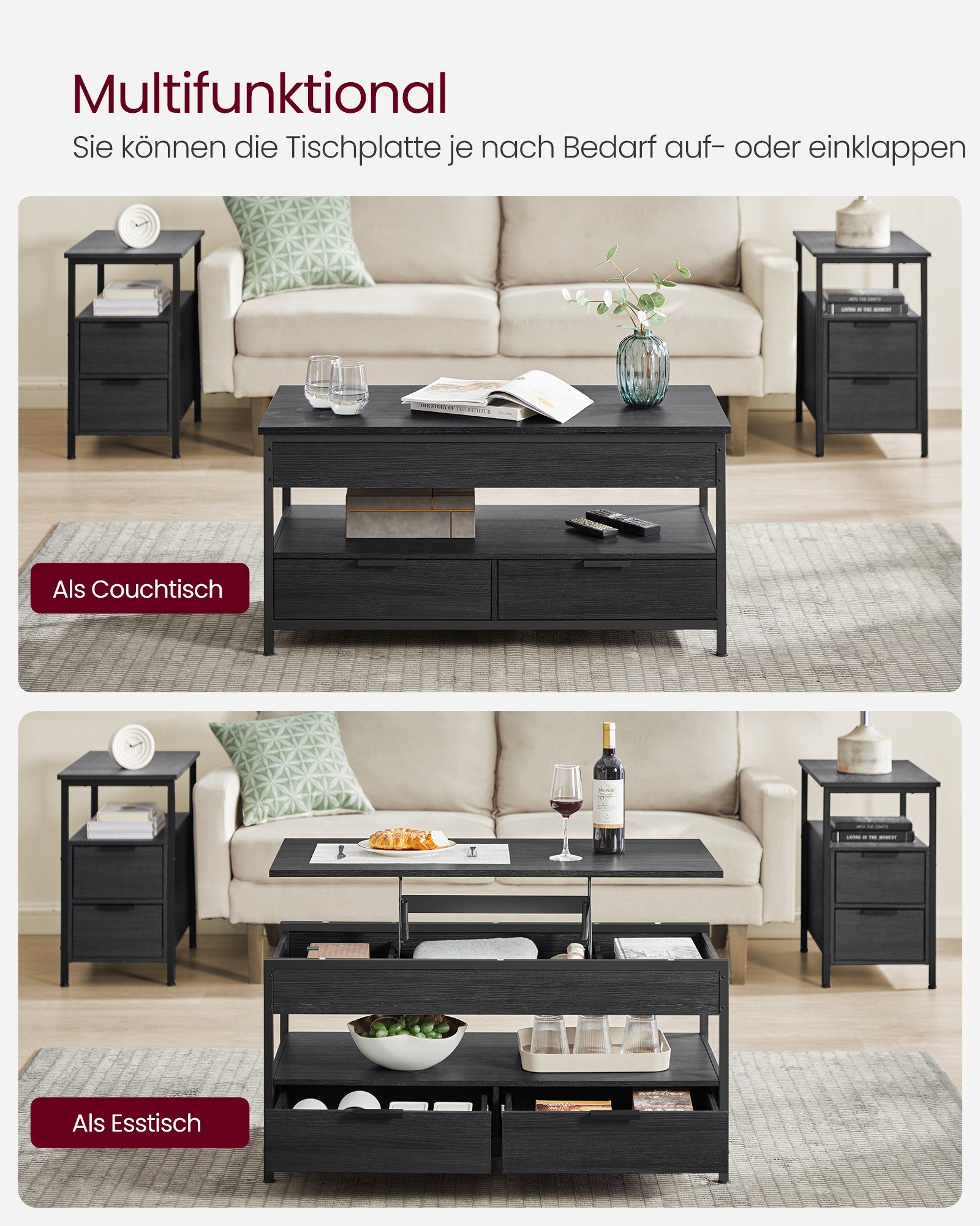 VASAGLE Couchtisch Wohnzimmertisch, offenes Fach, aufklappbar, mit Stauraum (für Home Office, inkl. Zubehörpaket & Anleitung), höhenverstellbar, mit Schubladen, Industrial, 50 x 100 x (48-63) cm