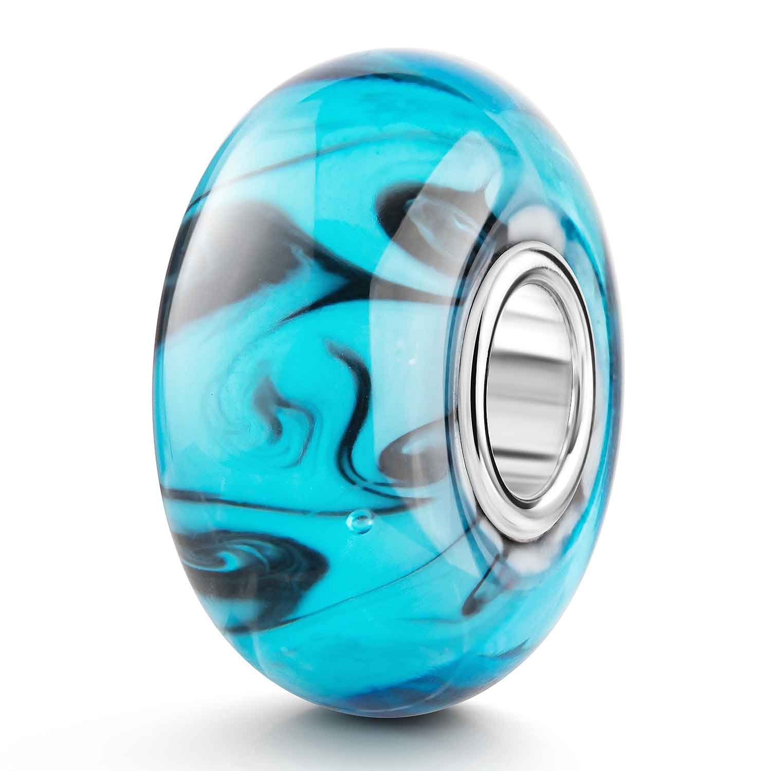 Materia Bead Glasperle gemustert Blau Schwarz abstrakt Hülse 925 Silber 598, Hülse aus 925 Sterling Silber