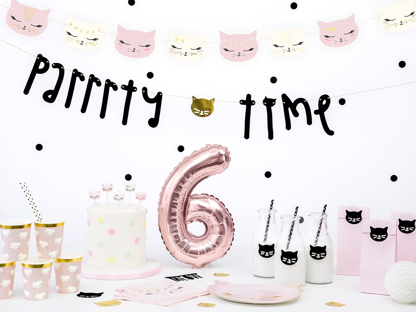 partydeco Papierdekoration, schwarz Aufklebern Set Papiertüten Katzen rosa 6er mit