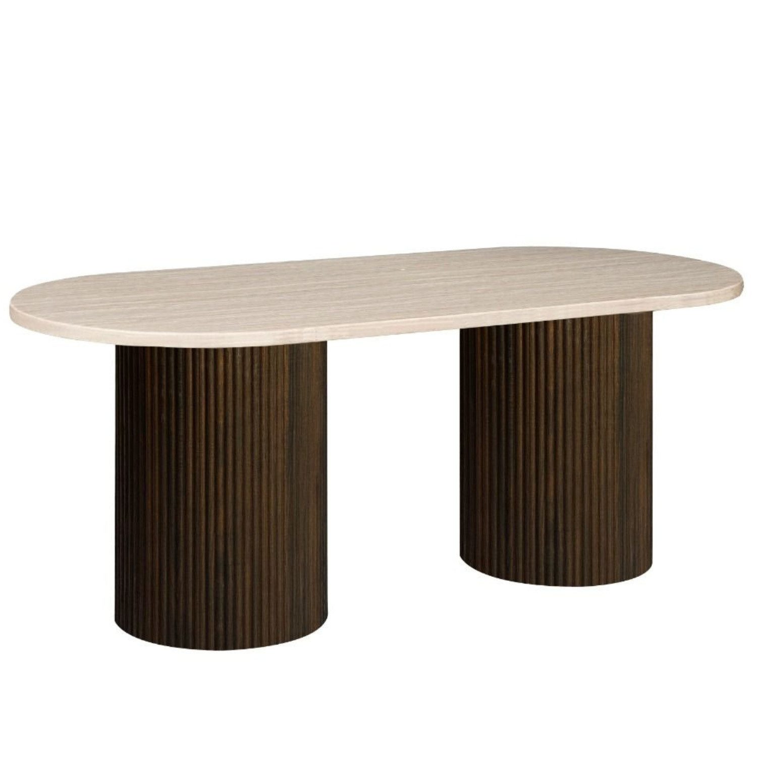 alesvelt Esstisch & Couchtisch Design Set TRIVENTO oval massive Travertin Design (2er-Set), edle Travertin-Optik 200x100x75cm 130x70x45cm im Säulenstil