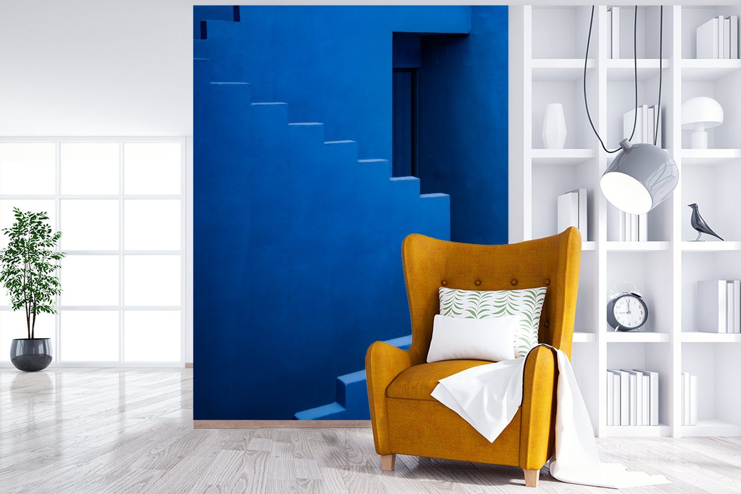 bedruckt, Wohnzimmer, Gebäude, Blau für - Tapete MuchoWow (4 Montagefertig Fototapete - Vinyl - Treppe Wandtapete Matt, St), Architektur