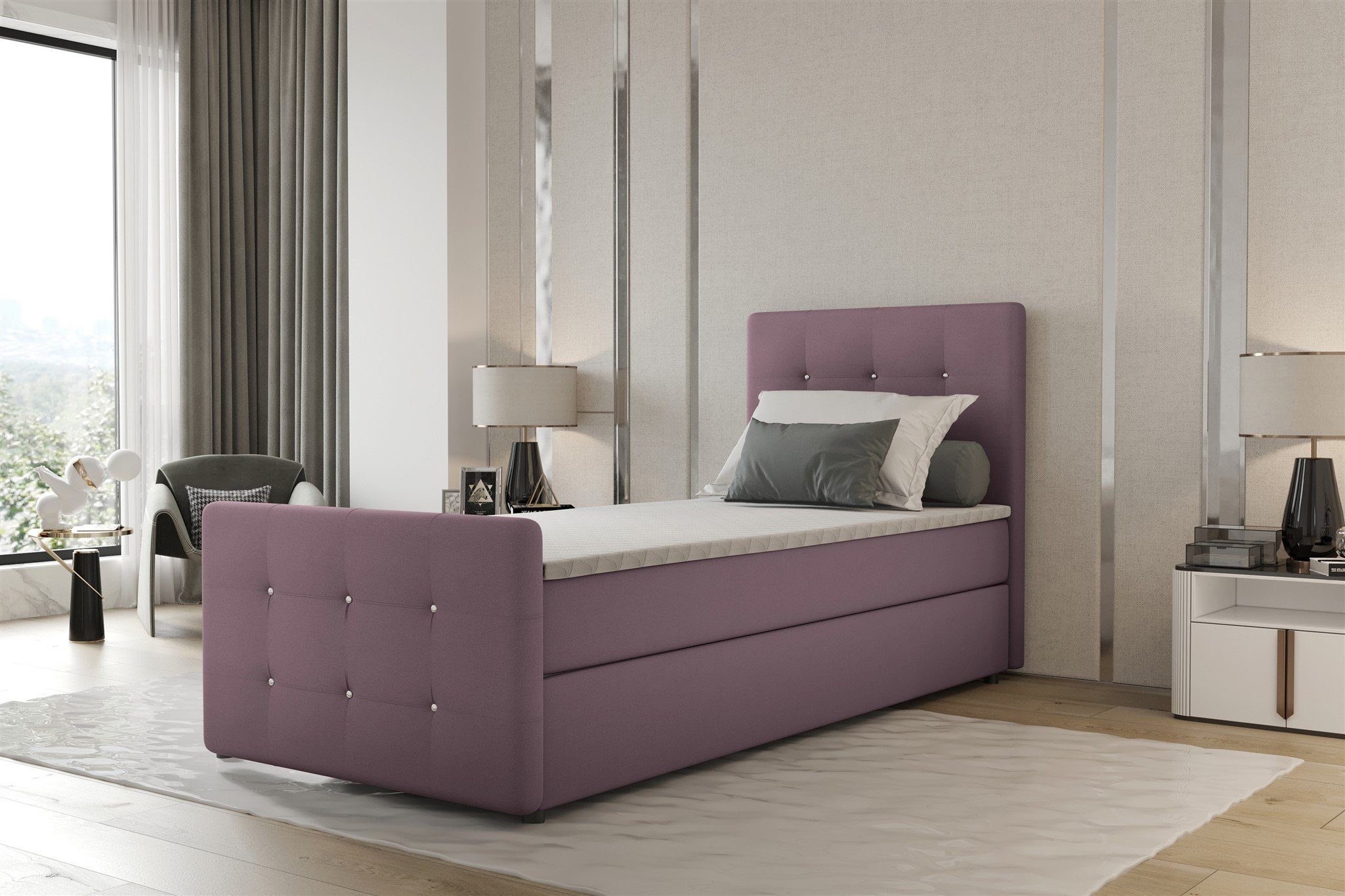 Fun Möbel Boxbett Gästebett MARKOS in Stoff Soro (Liegefläche in Stoff und Farbe des Bettes, inkl. Bettkasten und Topper), Strasssteine in Kopf- und Fußteil