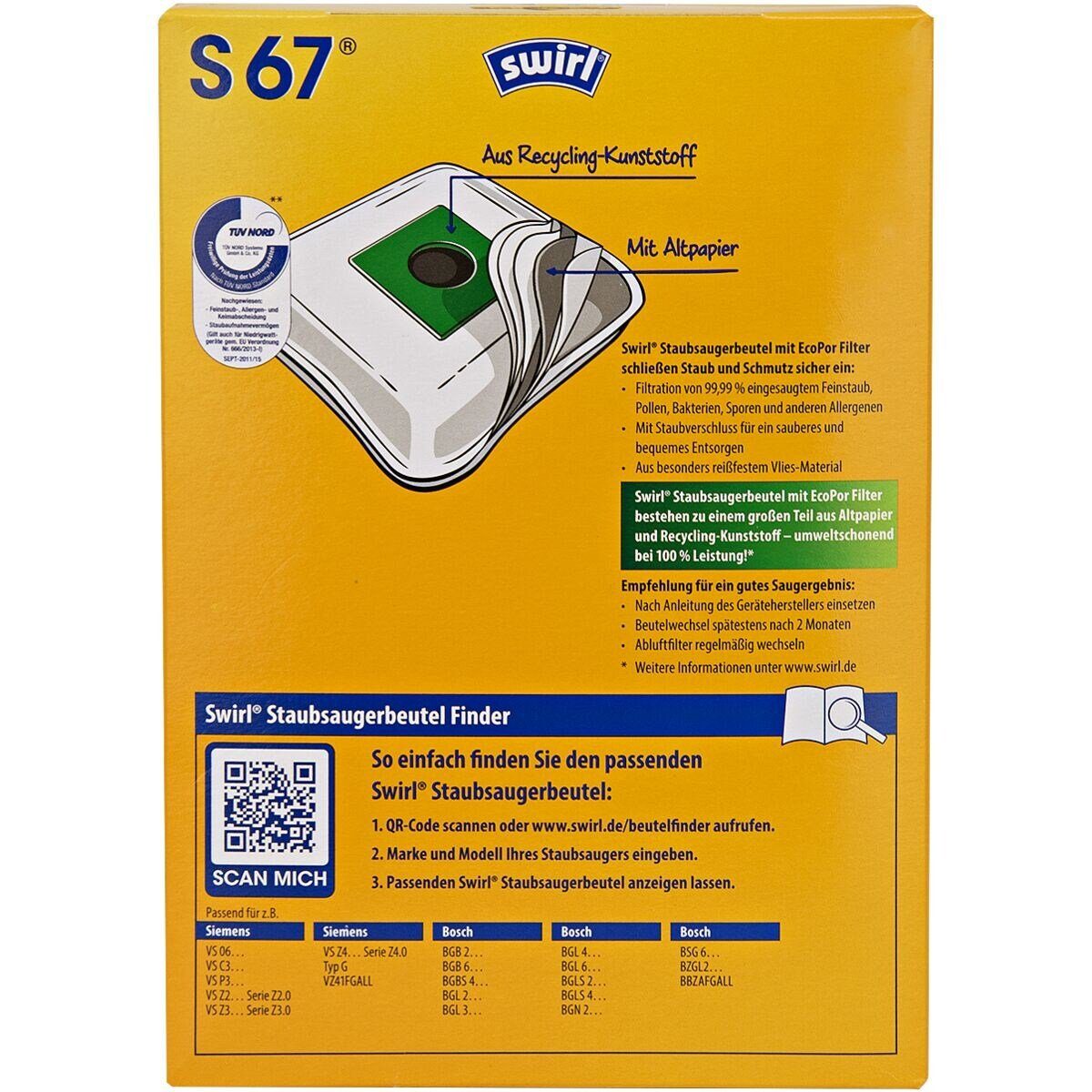 Swirl Staubsaugerbeutel S67 MP Plus AirSpace, passend für BOSCH, Hanseatic, KÄRCHER, Melitta, Privileg, SEVERIN, Siemens, 4 St., Anti-Allergen-Filtration, Extra-Filterkammer, staubfreie Entsorgung