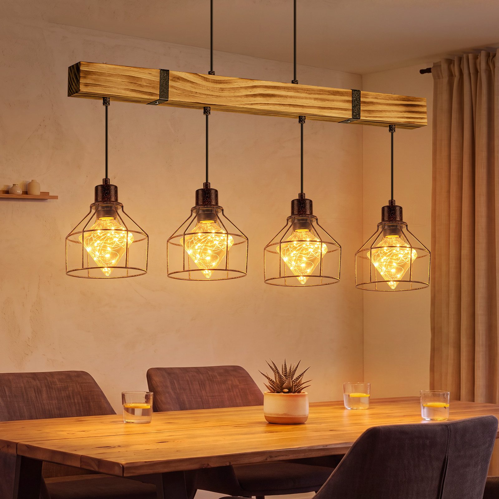 Nettlife Pendelleuchte Esstisch 3/4flammig Holz Schwarz Retro Industrial Hängelampe E27, ohne Leuchtmittel, Höhenverstellbar für Esszimmer Küche Wohnzimmer Bar