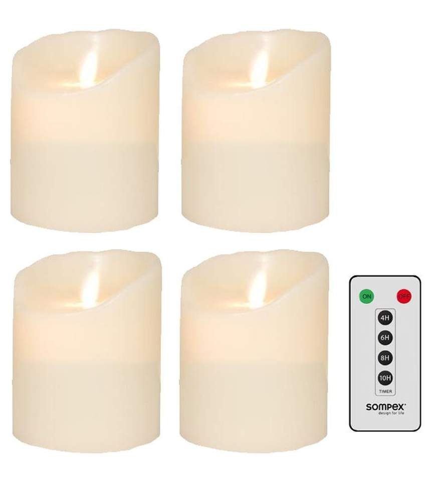 SOMPEX LED-Kerze 4er Set Flame LED Kerzen elfenbein 10cm (Set, 5-tlg., 4 Kerzen, Höhe 10cm, Durchmesser 8cm, 1 Fernbedienung), mit Timer, Echtwachs, täuschend echtes Kerzenlicht