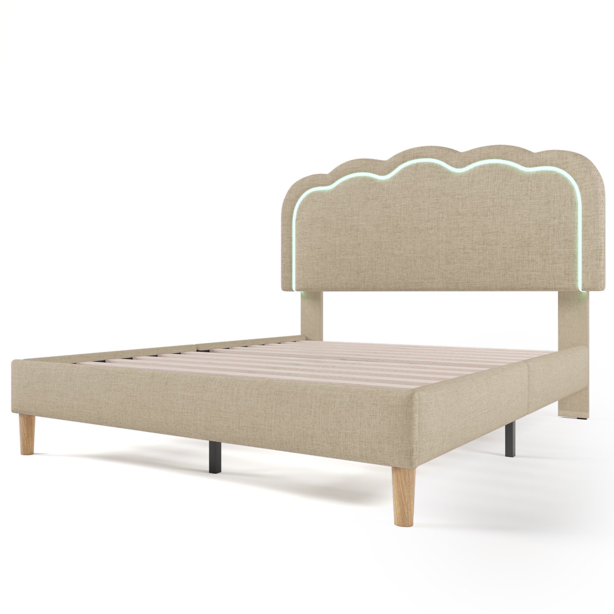 Polsterbett (LED Doppelbett), mit Lattenrost & Verstellbares Kopfteil in Puff-Form 140x200cm, Leinen