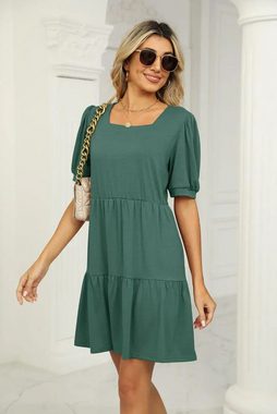 Orient Phoenix Minikleid Kurzärmliges, lockeres Patchwork-Kleid mit quadratischem Ausschnitt Sommerliches Swing-Kleid mit Rüschen für Damen