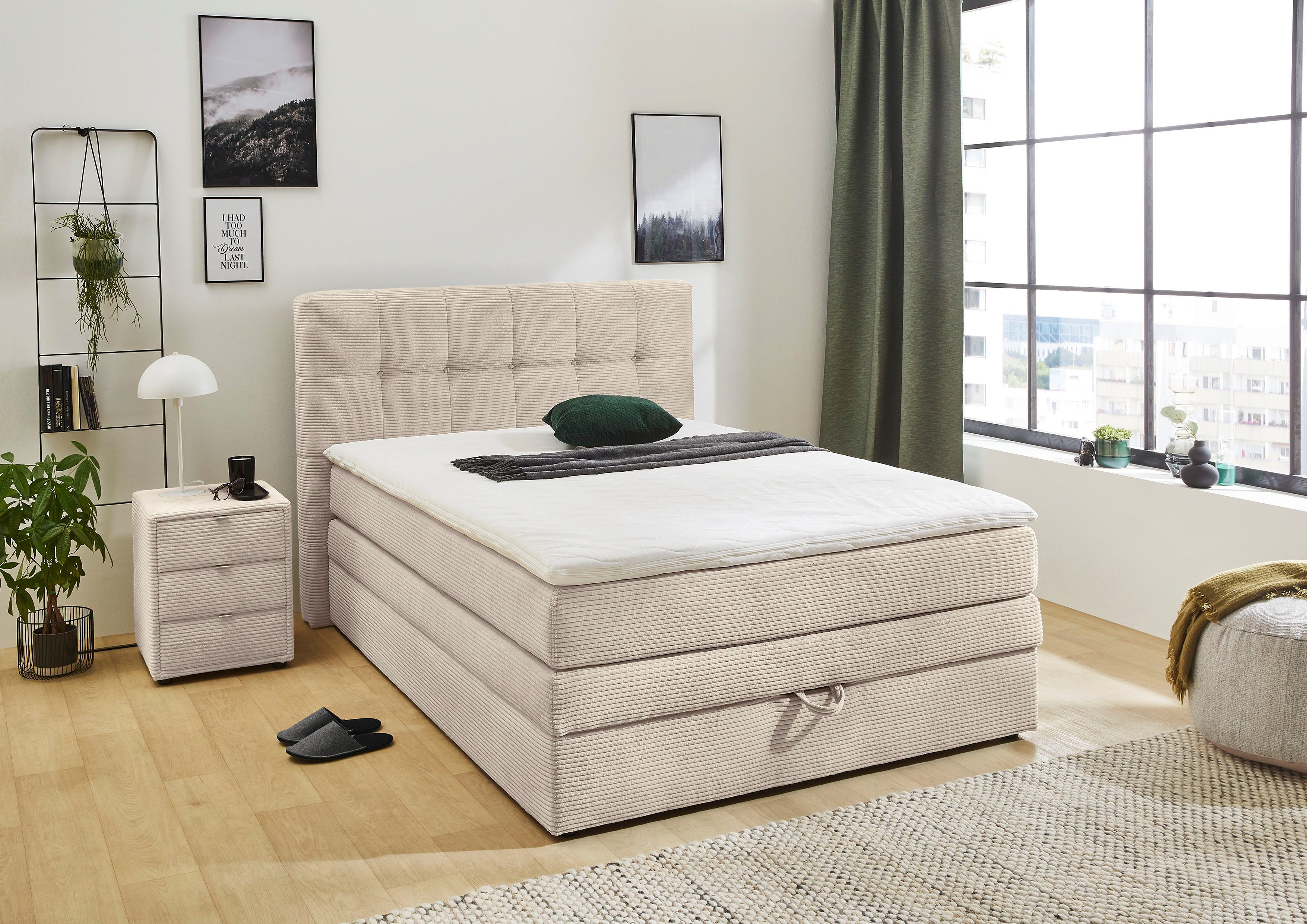Jockenhöfer Gruppe Boxspringbett AMY in Cord, erhältlich in den Breiten 120cm & 140cm, mit Bettkasten und Topper