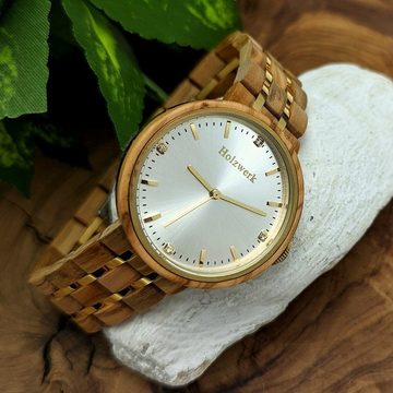 Holzwerk Quarzuhr LEBUS edle Damen Strass Holz Armband Uhr, beige braun, gold & silber