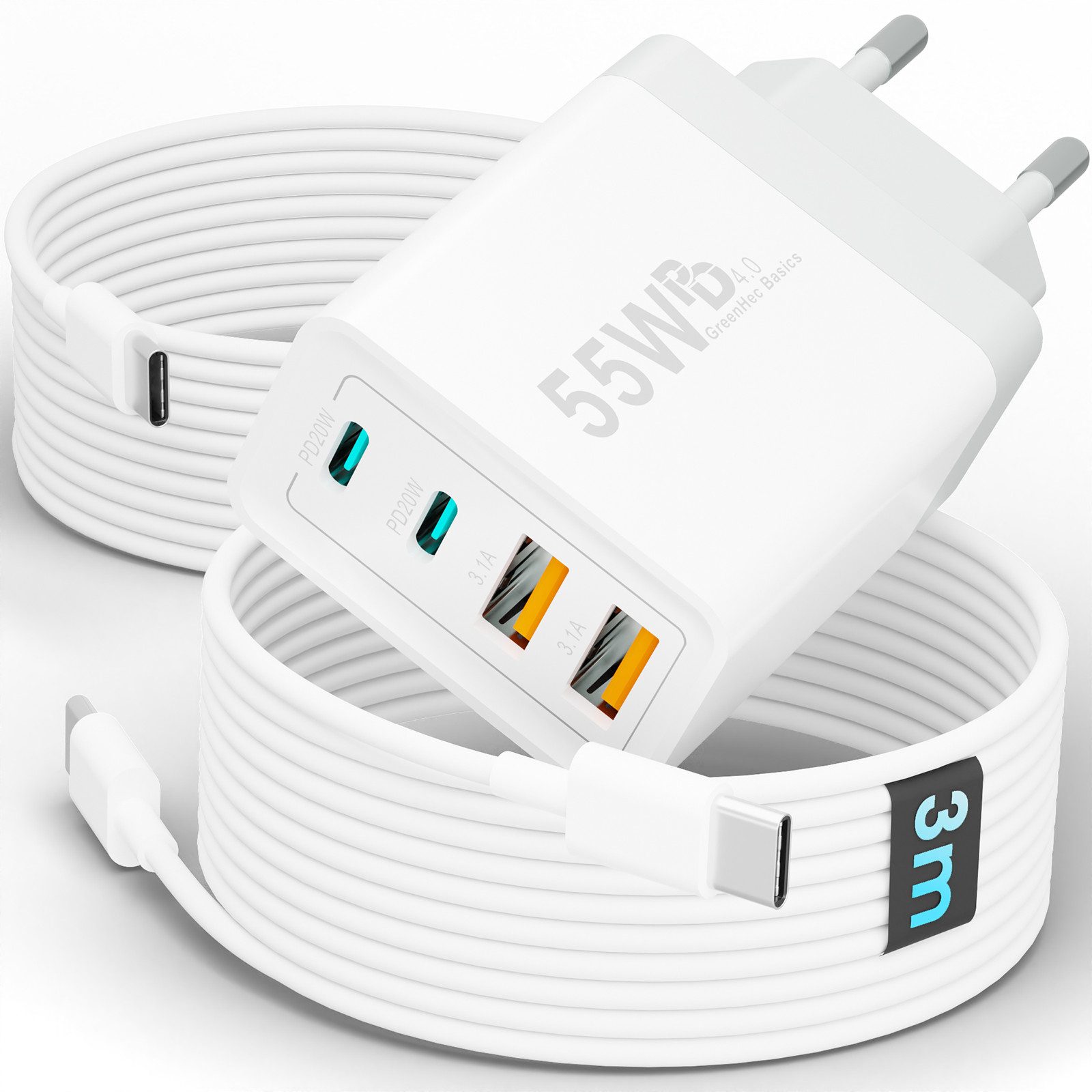 GreenHec Ladegerät USB-C iPhone mehrfach Schnell Handy Adapter Netzteil + Kabel Schnelllade-Gerät (0 mA, Spar-Set, 55w Quatro Charger + USB-C Kabel, iPhone 17 16 15 14 13 12 Pro Max Air, 4 Multi Ports 55w 1m 2m 3m Laden)