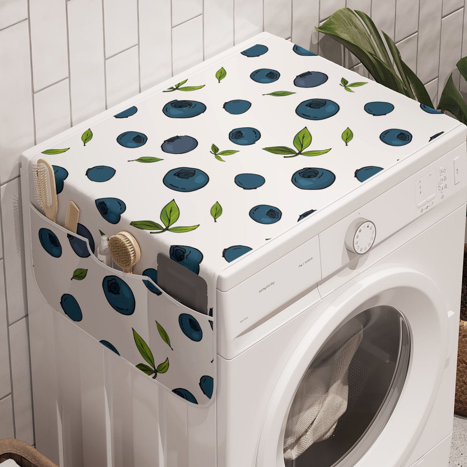 Abakuhaus Badorganizer Anti-Rutsch-Stoffabdeckung für Waschmaschine und Trockner, Obst Blueberry Zeichnung Blätter Kunst | Bad-Organizer