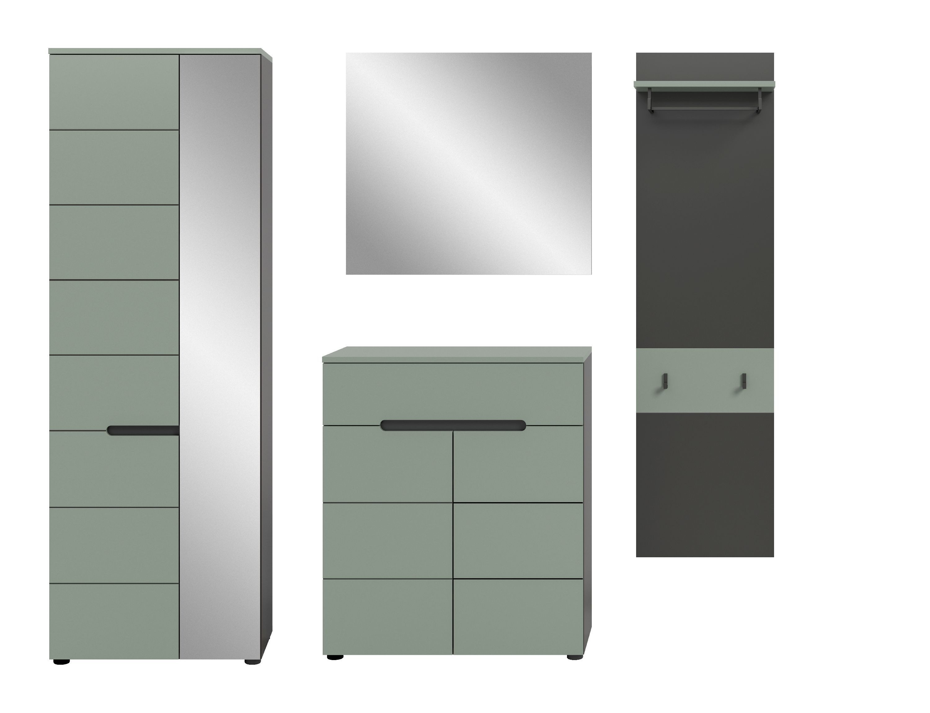 xonox.home Garderoben-Set, (4tlg. Set inkl. Garderobenschrank, Paneel, Schuhkommode, Spiegel), Smoke Green Melamin beschichtet modern 220x190x37 cm