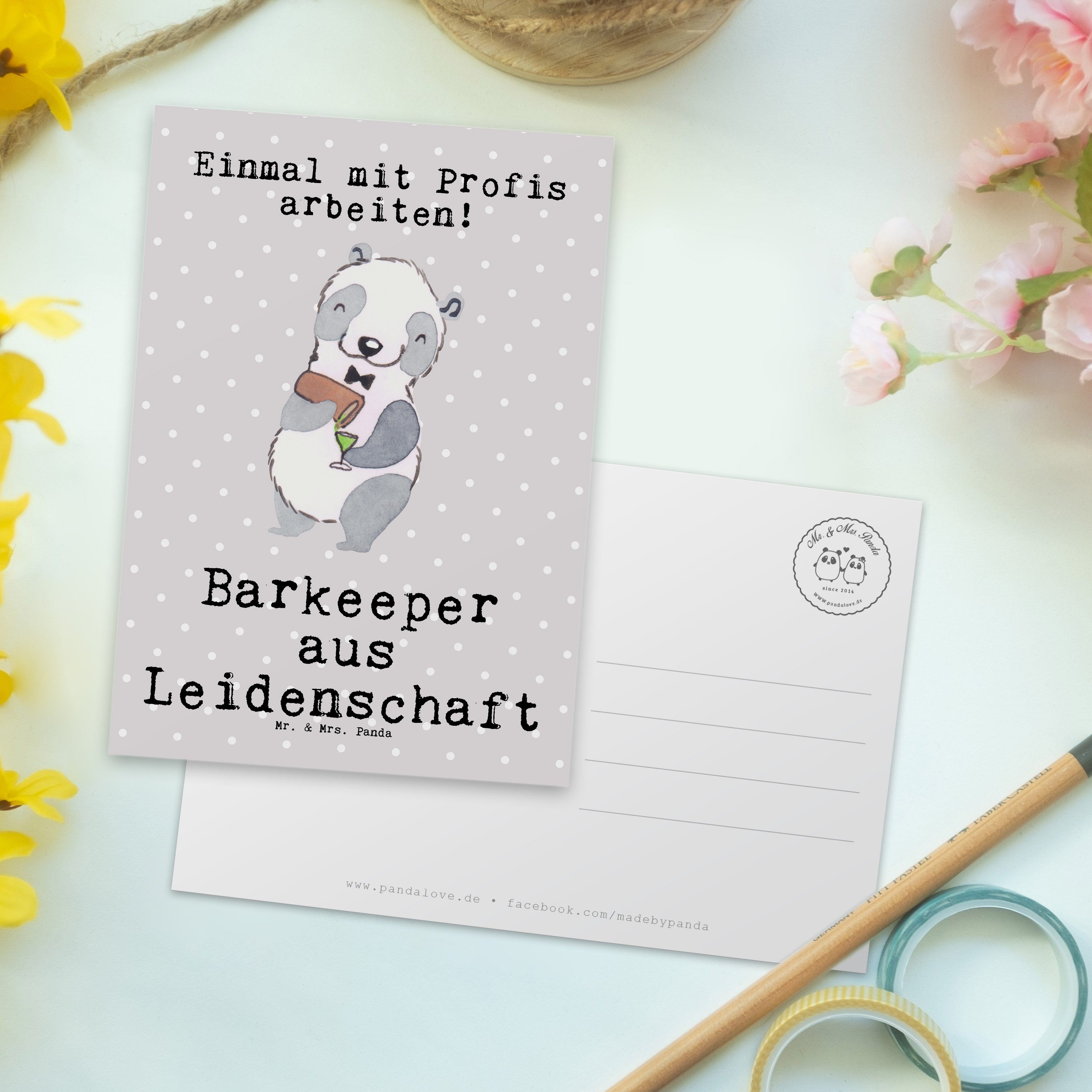 aus Panda Einladungskarte Mrs. Postkarte Barkeeper & Grau - Leidenschaft Mr. Pastell - Geschenk,
