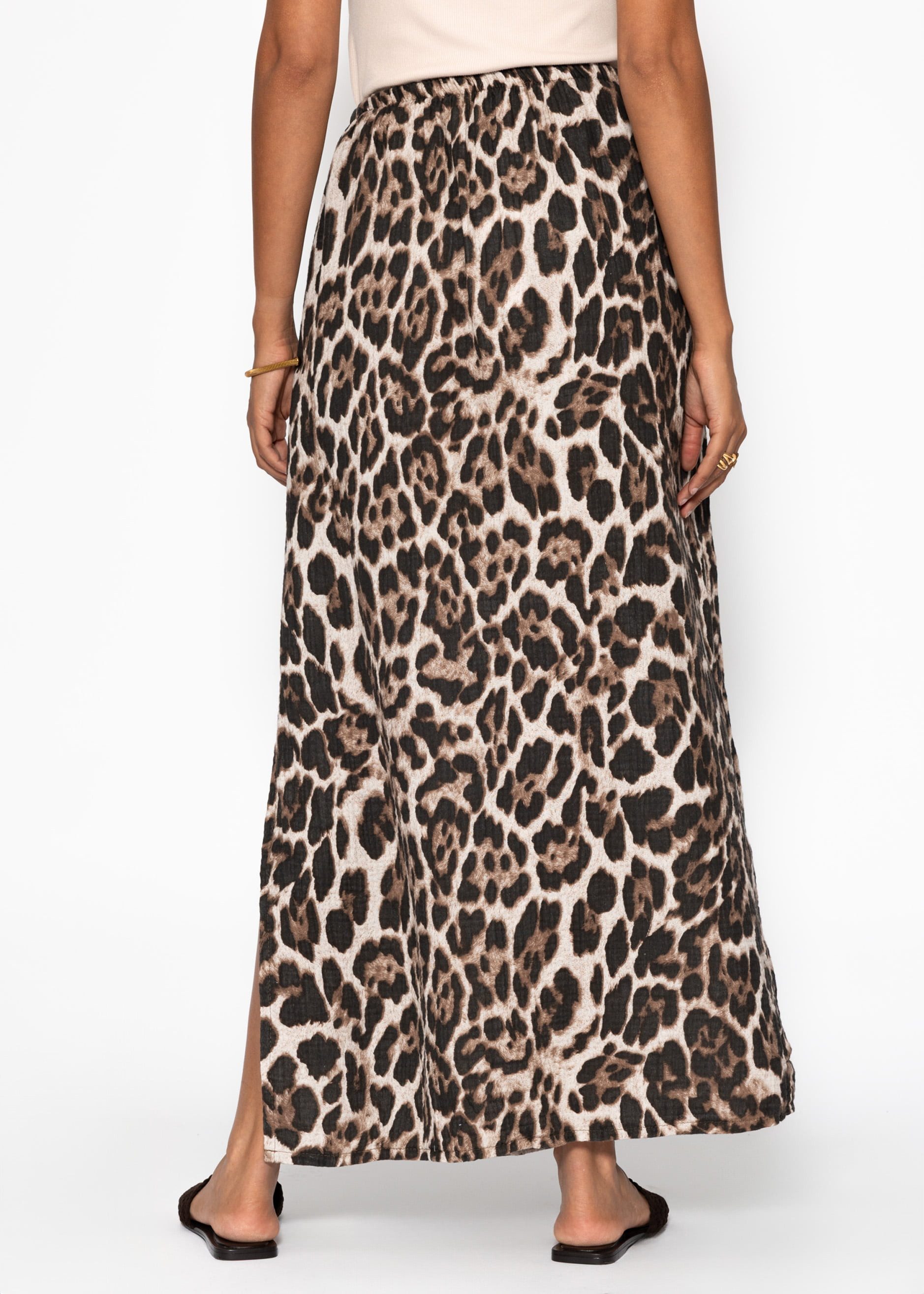 SASSYCLASSY Maxirock Maxi Musselin Rock mit Schlitz für Damen Maxirock aus Baumwolle mit elastischem Bund Schwarz Leo Taupe Pink – Bild 5 von 5