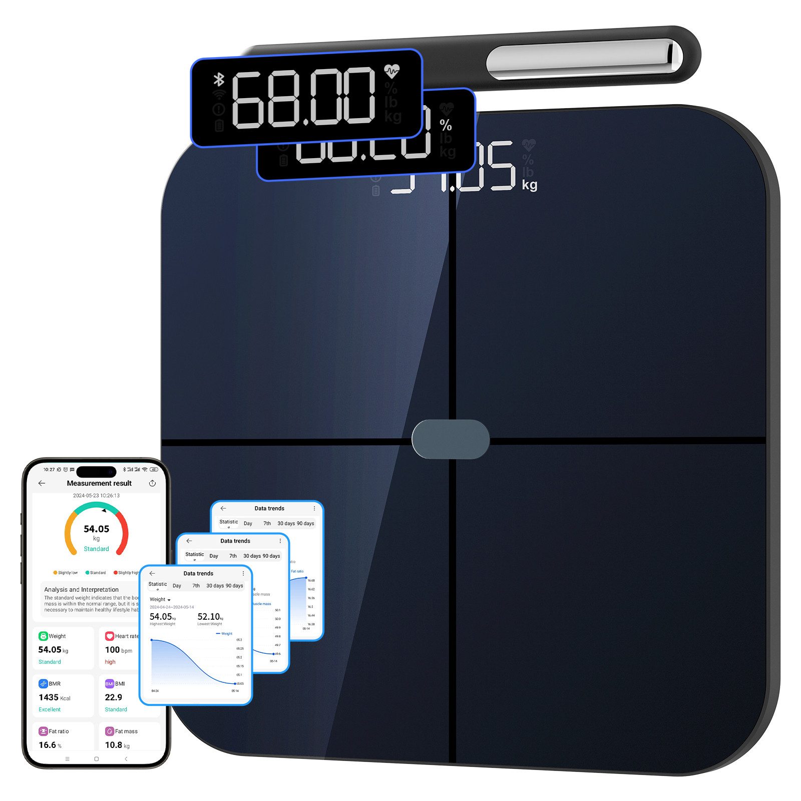 Healthkeep Körper-Analyse-Waage Smartwaage mit 8 Elektroden 56 Präzise Körpermessungen WiFi /Bluetooth, ITO-Panel USB-C Aufladung, App für Android & iOS, bis 180 kg /400 lb, 30x30 cm