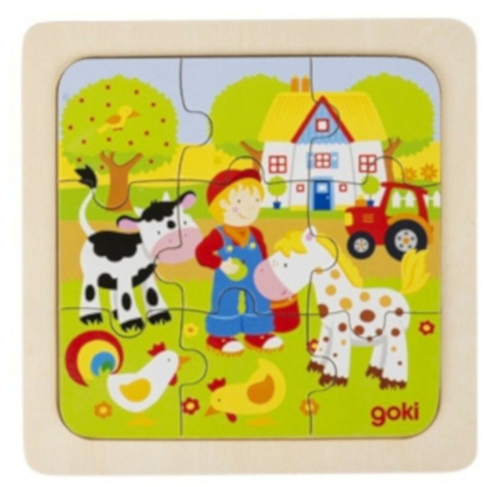 goki Puzzle Einlege- Puzzle Auf dem Bauernhof Holzpuzzle Holzspielzeug 57499, 9 Puzzleteile