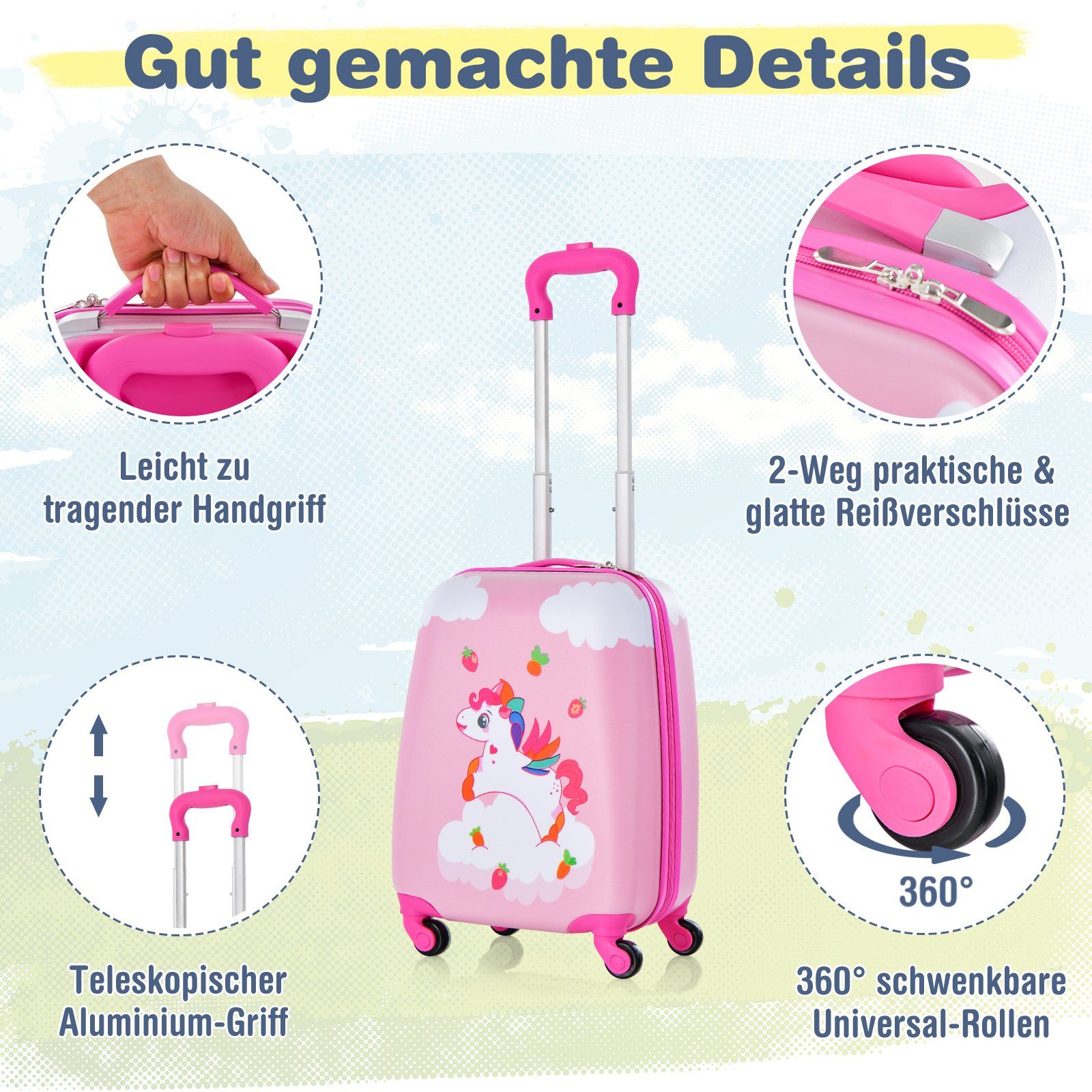 Kindertrolley COSTWAY Rucksack, mit Kinderkoffer rosa Einhorn 12"+16"