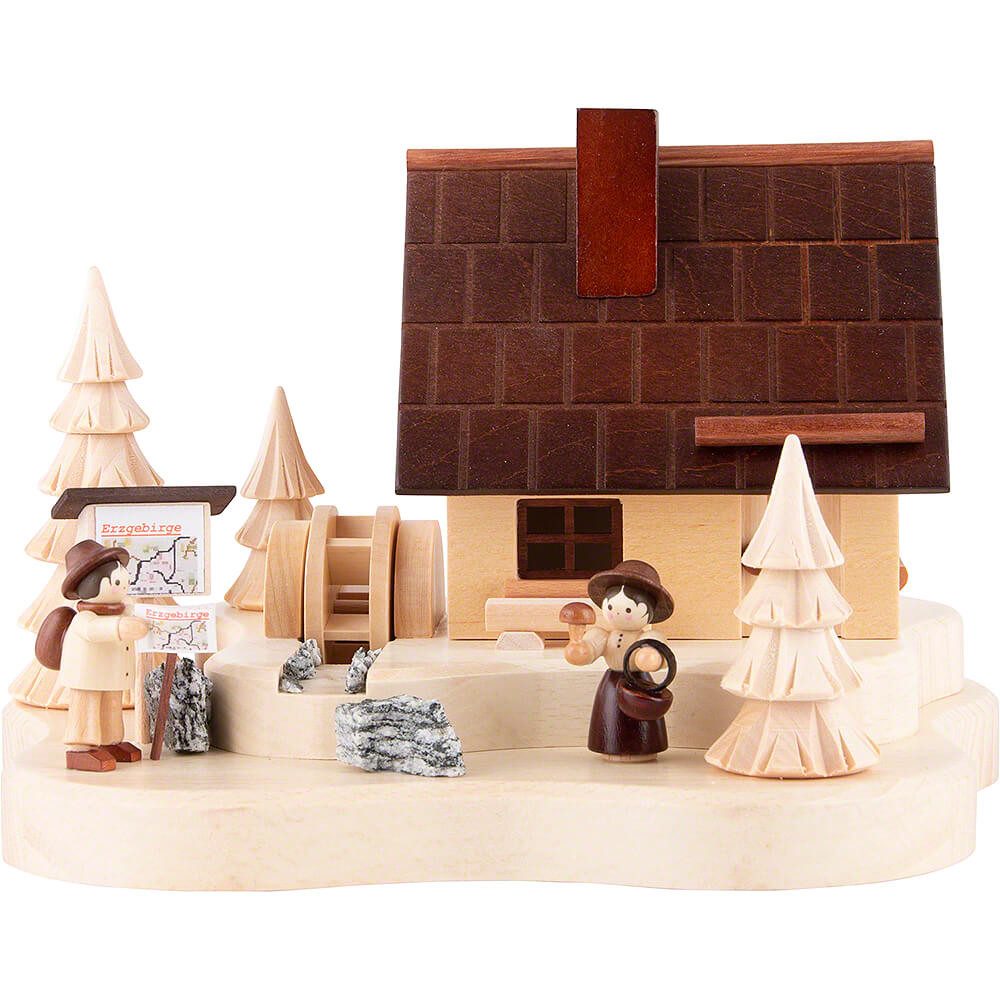 Volkskunstwerkstatt Romy Thiel Räuchermännchen Räucherhaus Erzgebirgshaus mit Wasserrad (15cm) von Romy Thiel