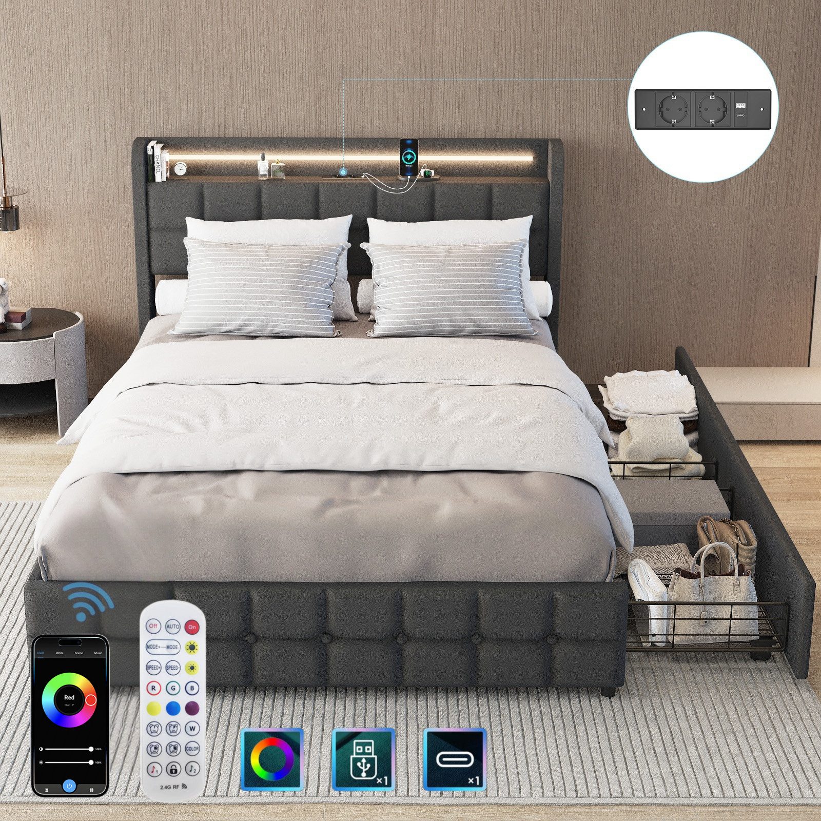 LETGOSPT Polsterbett Doppelbett 140x200 cm, Polsterbett mit LED,Ladefunktio günstig online kaufen