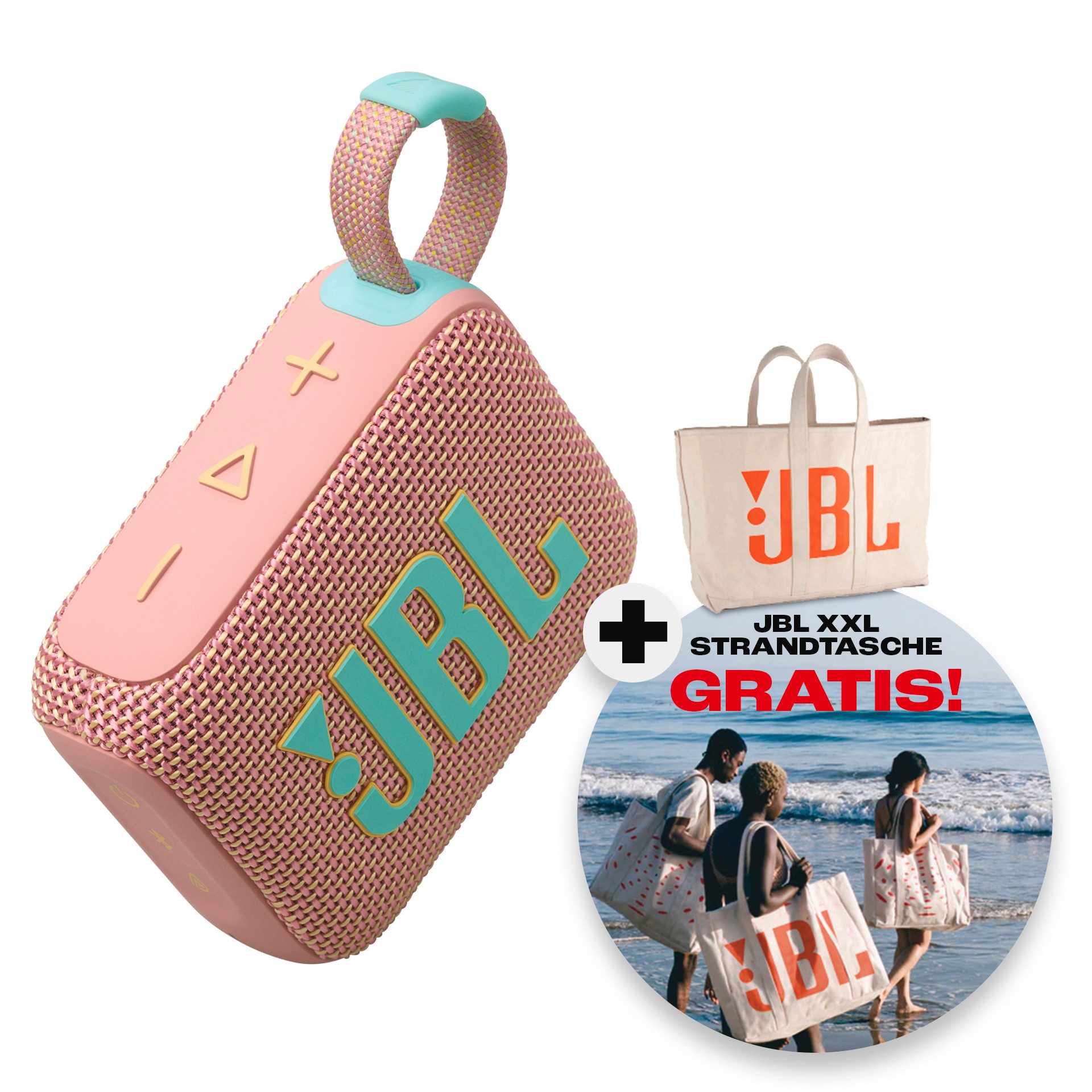 JBL GO 4 inklusive JBL XXL Strandtasche Bluetooth-Lautsprecher (A2DP Bluetooth, AVRCP Bluetooth, Bluetooth, 4,20 W)