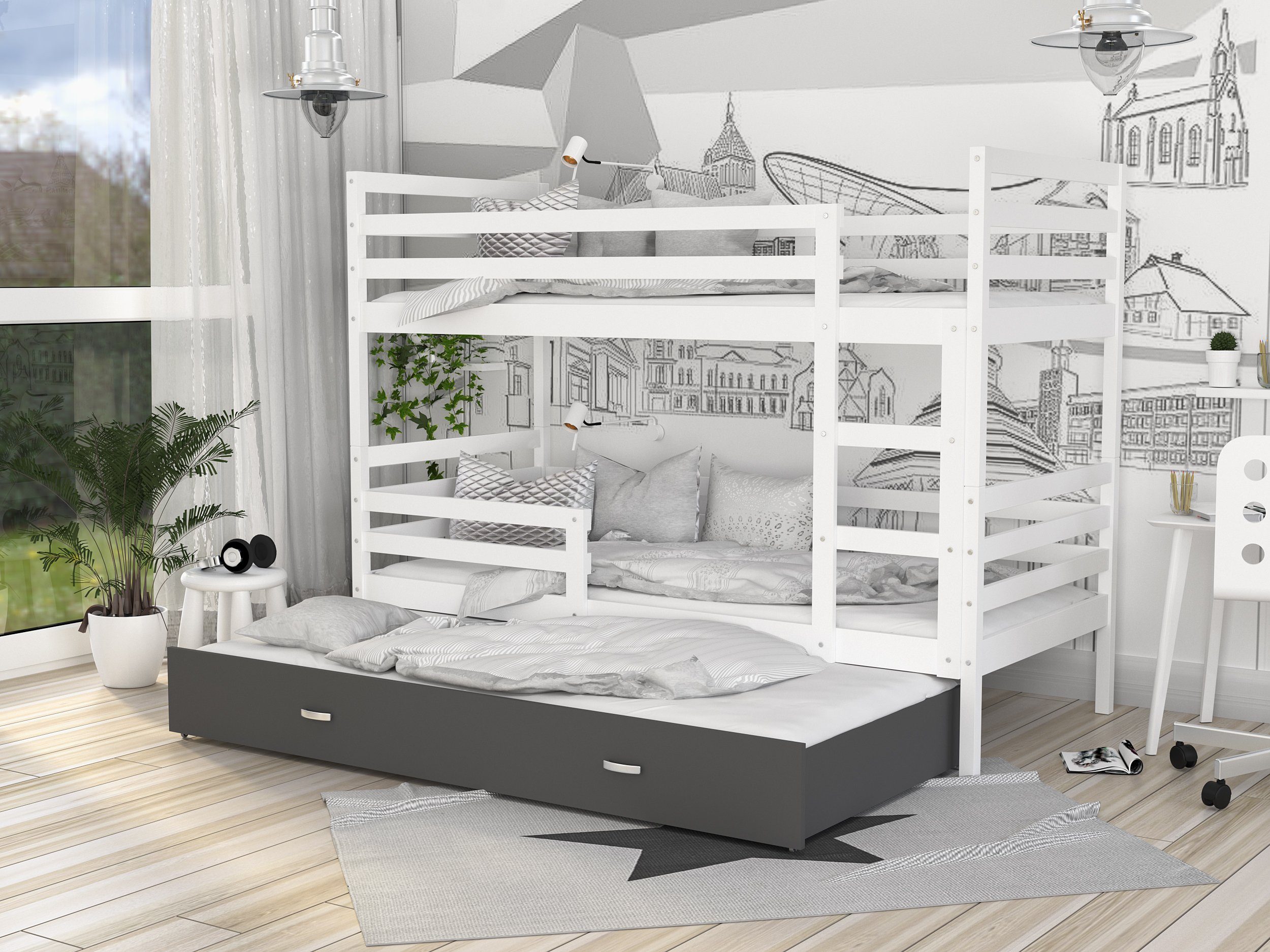 Siblo Kinderbett Jerry 3 (Flexibler Sicherheitsbarriere), Möbelplatte Bett Lattenrost, Schublade, Massivholz, Grau und Weiß