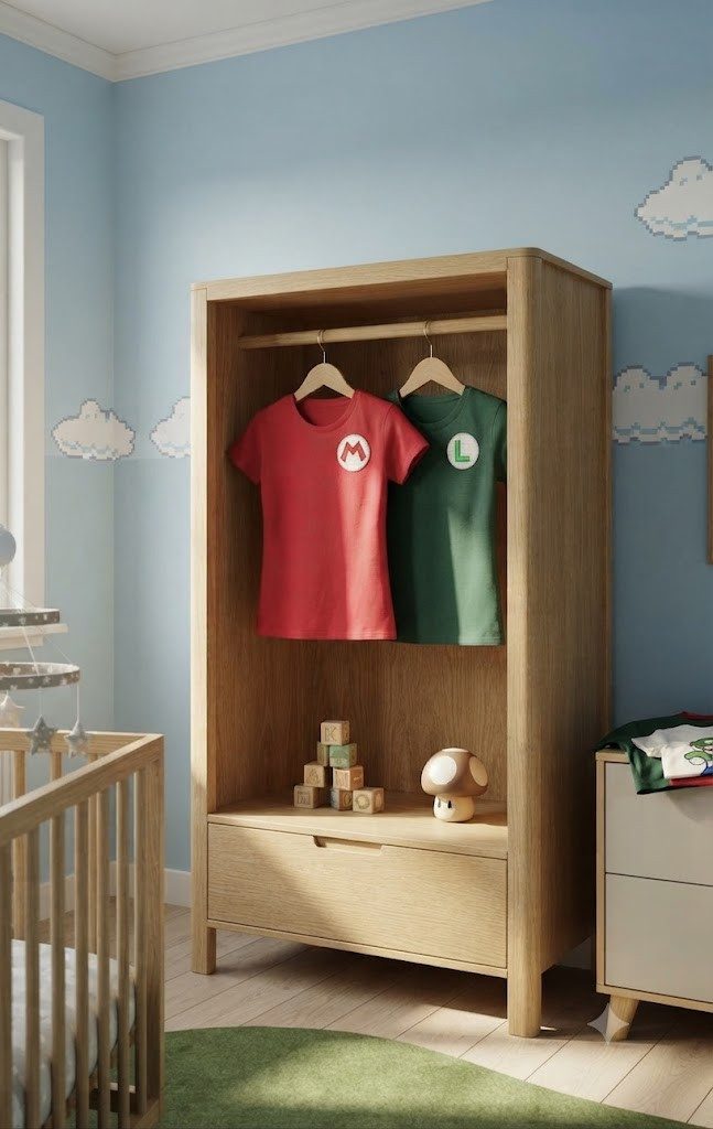 Blondie & Brownie T-Shirt Mario Luigi Logo Patch Damen Tee Rundhalsshirt Front Baumwolle Top (Einzelstück, Einzelartikel) MarioLuigiLogoPatch Damenprint