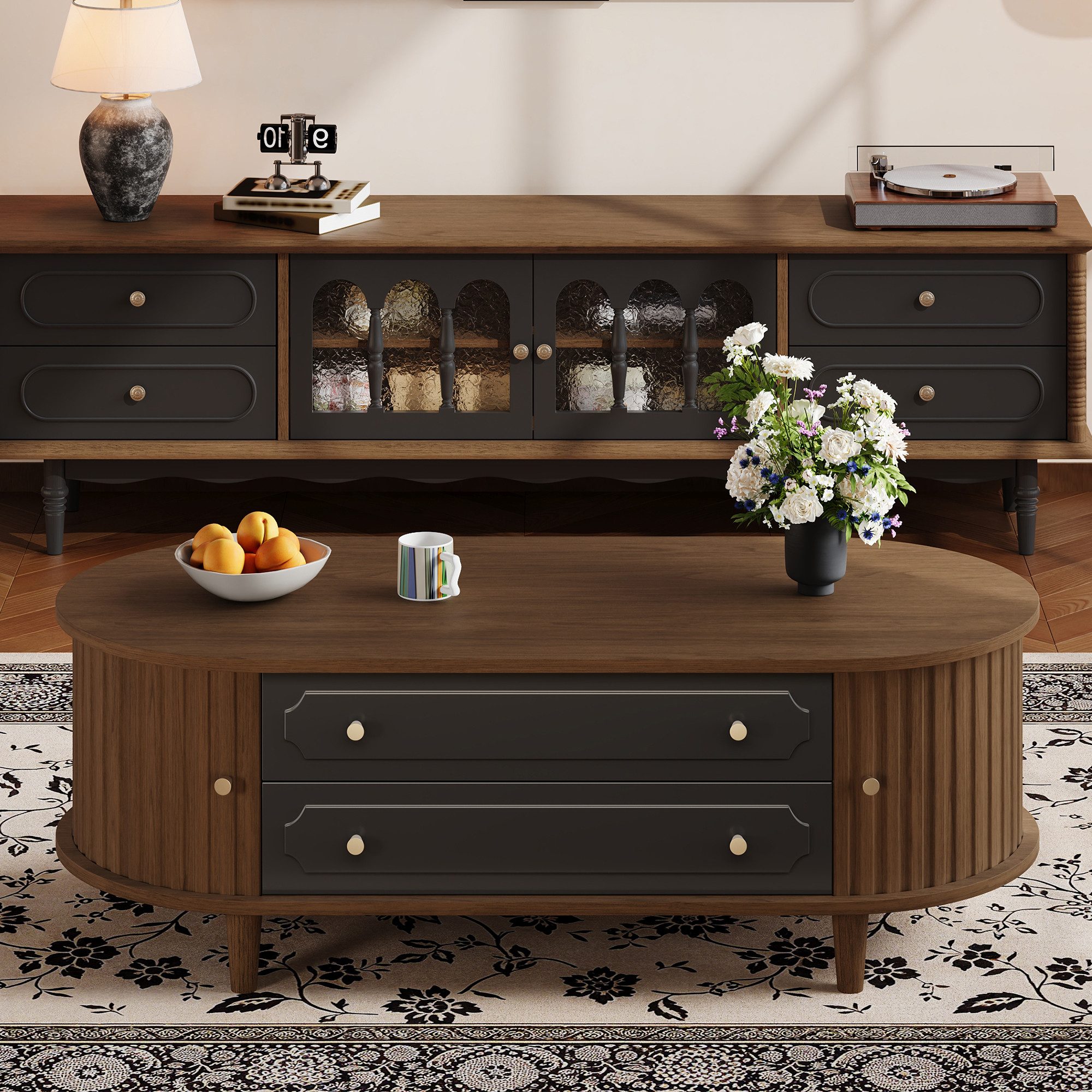 Merax Couchtisch Sofatisch Retro Beistelltisch in Walnussholzoptik (1-St), Wohnzimmertisch mit Rolltüren, 2 Schubladen & Stauraum, 100x50x36cm – Bild 3 von 5