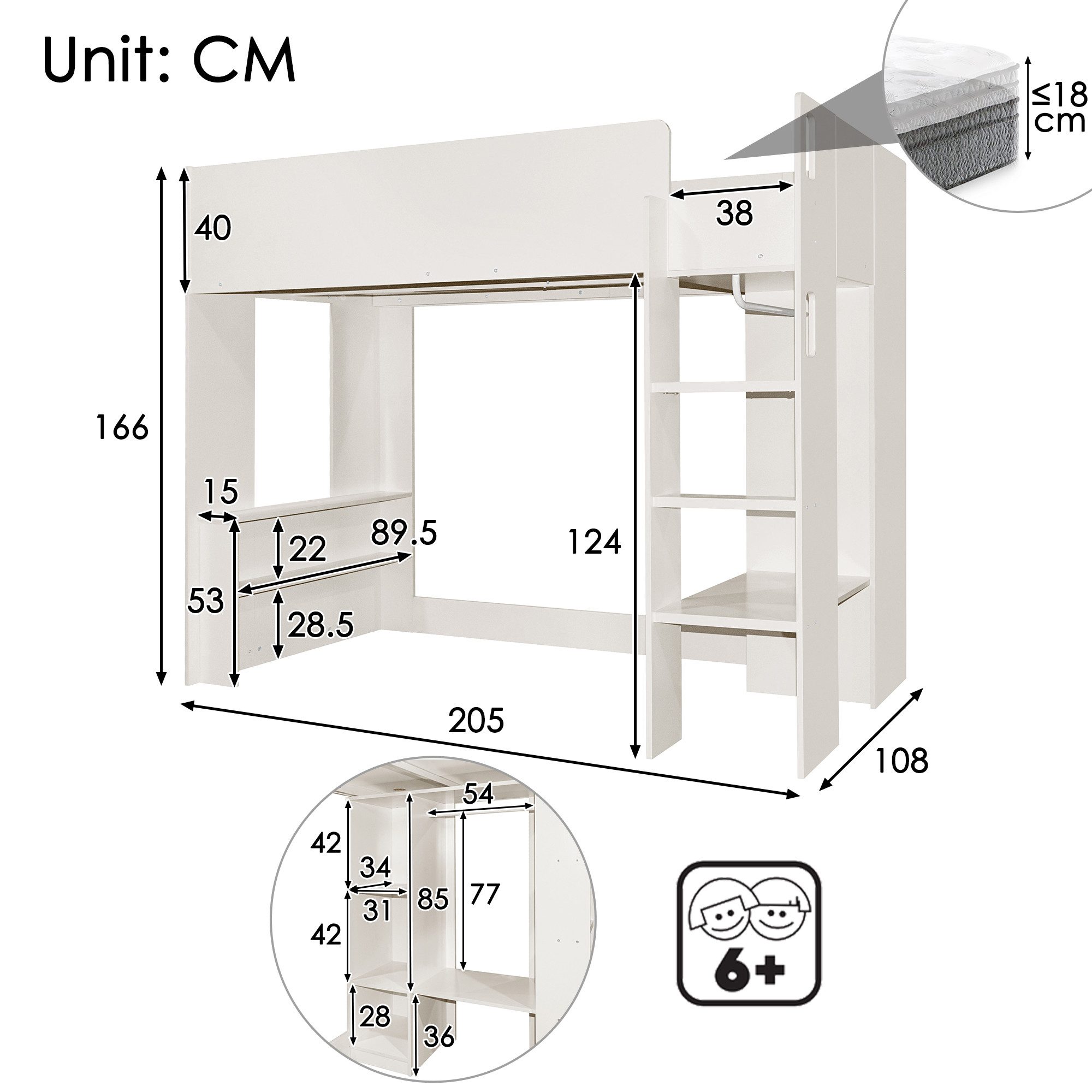 Ulife Hochbett 3-in-1 Holzbett mit Kleiderschrank, offenen Regaleinheiten ( günstig online kaufen