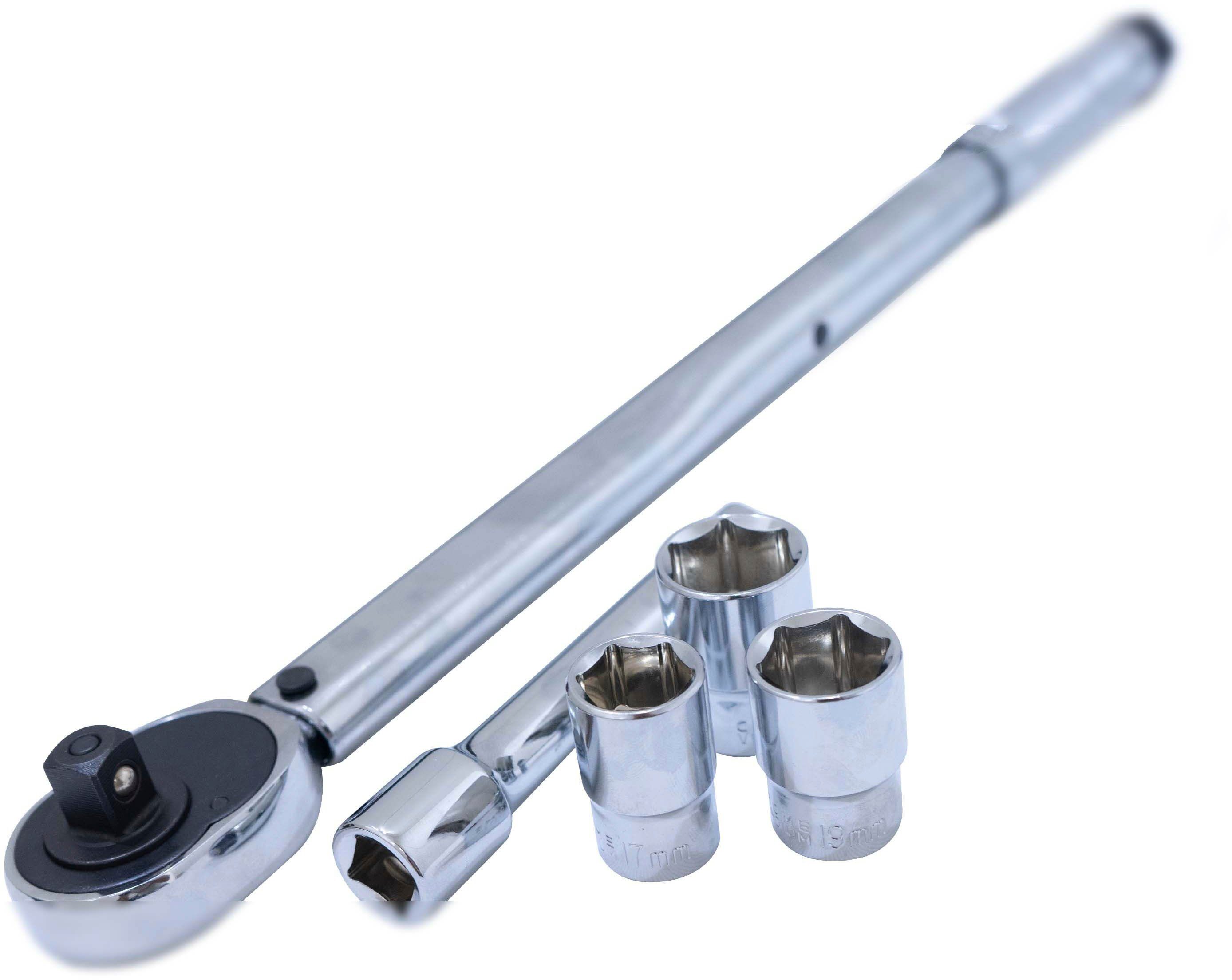 Petex Drehmomentschlüssel 40 - 210 Nm, 1/2 Zoll, inkl. 3 Stecknüsse, 17/19/21 mm, 1 Verlängerung und Aufbewahrungsbox | Drehmomentschlüssel