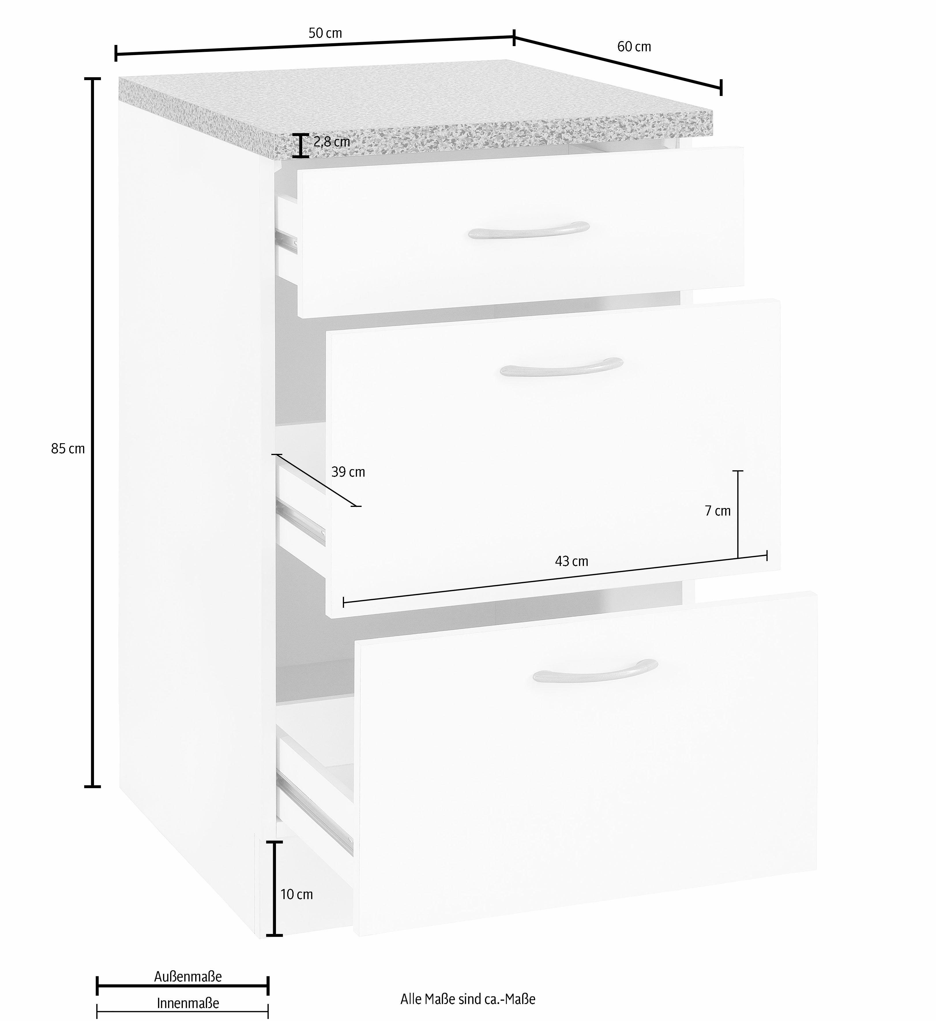 Auszügen 1 Weiß großen Unterschrank Tiefe cm Küchen 60 cm, wiho und | Schublade mit Kiel Weiß breit, 50 2