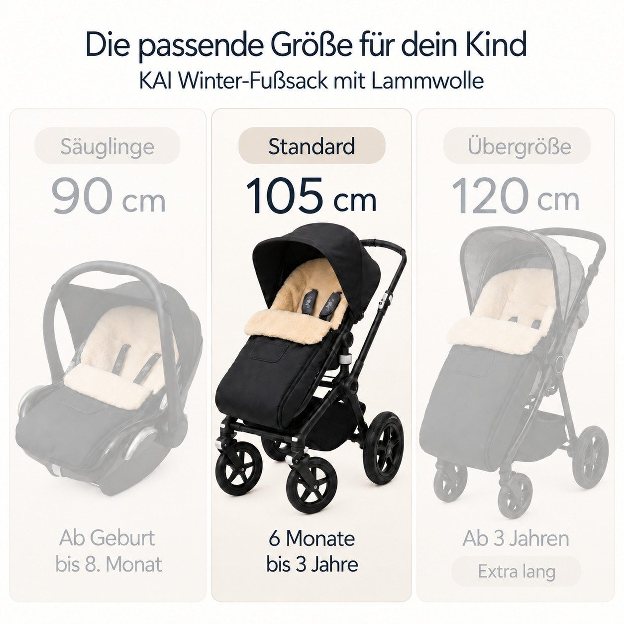 Baby-Joy Fußsack KAI XL 105cm Lammwolle Winterfußsack Thermo Babyfußsack 6 Mon - 3 Jahr, Wetterfest, Thermo-warm und Ultraweich – Bild 5 von 5