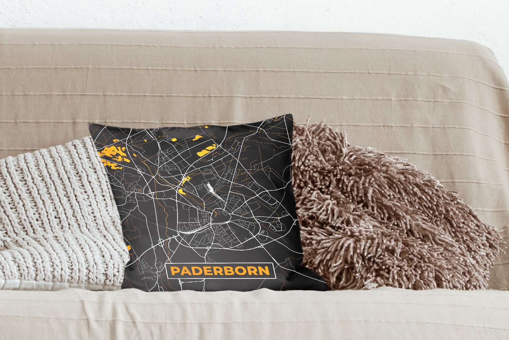 - - Dekokissen - Karte Zierkissen - Deutschland Sofakissen Paderborn Karte, mit Gold MuchoWow Schlafzimmer, Deko, Stadtplan für Füllung Wohzimmer, -