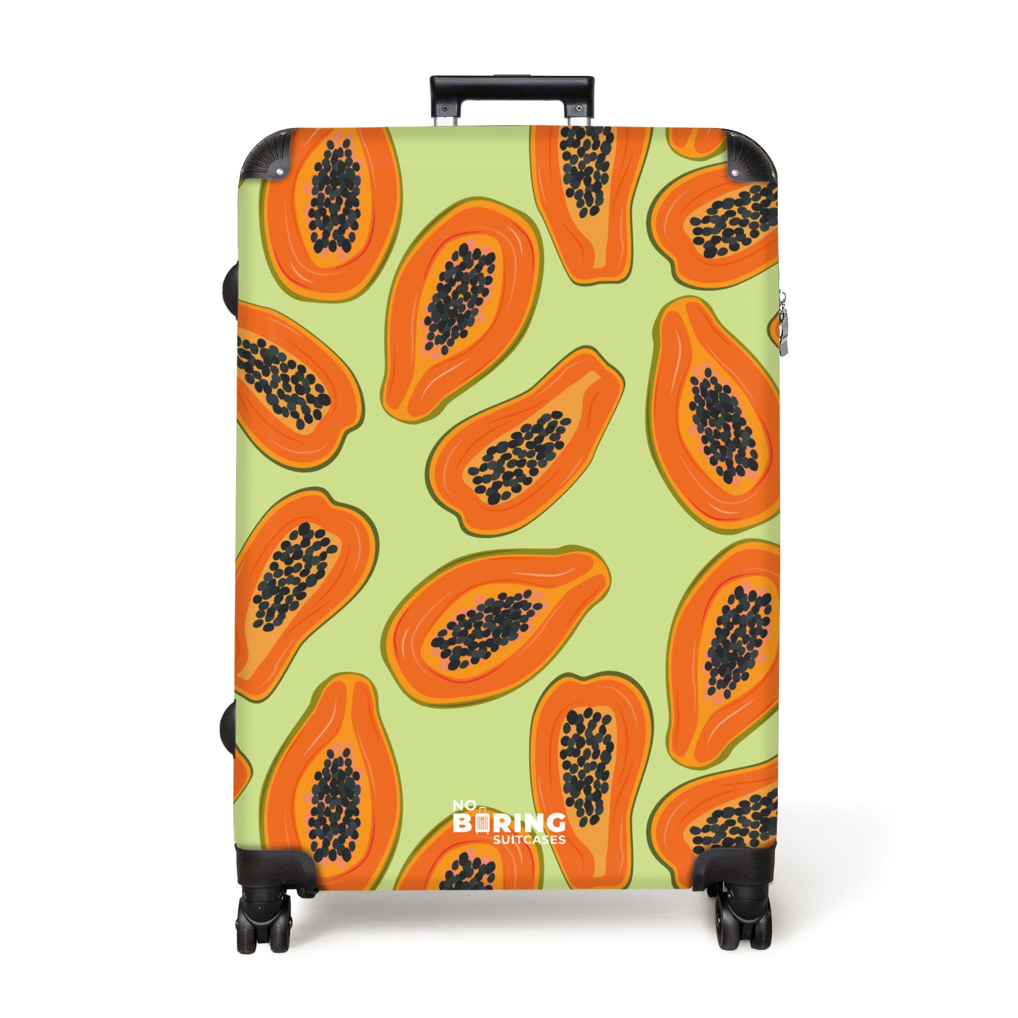 NoBoringSuitcases.com© Hartschalen-Trolley Grün mit orangefarbener Papaya günstig online kaufen