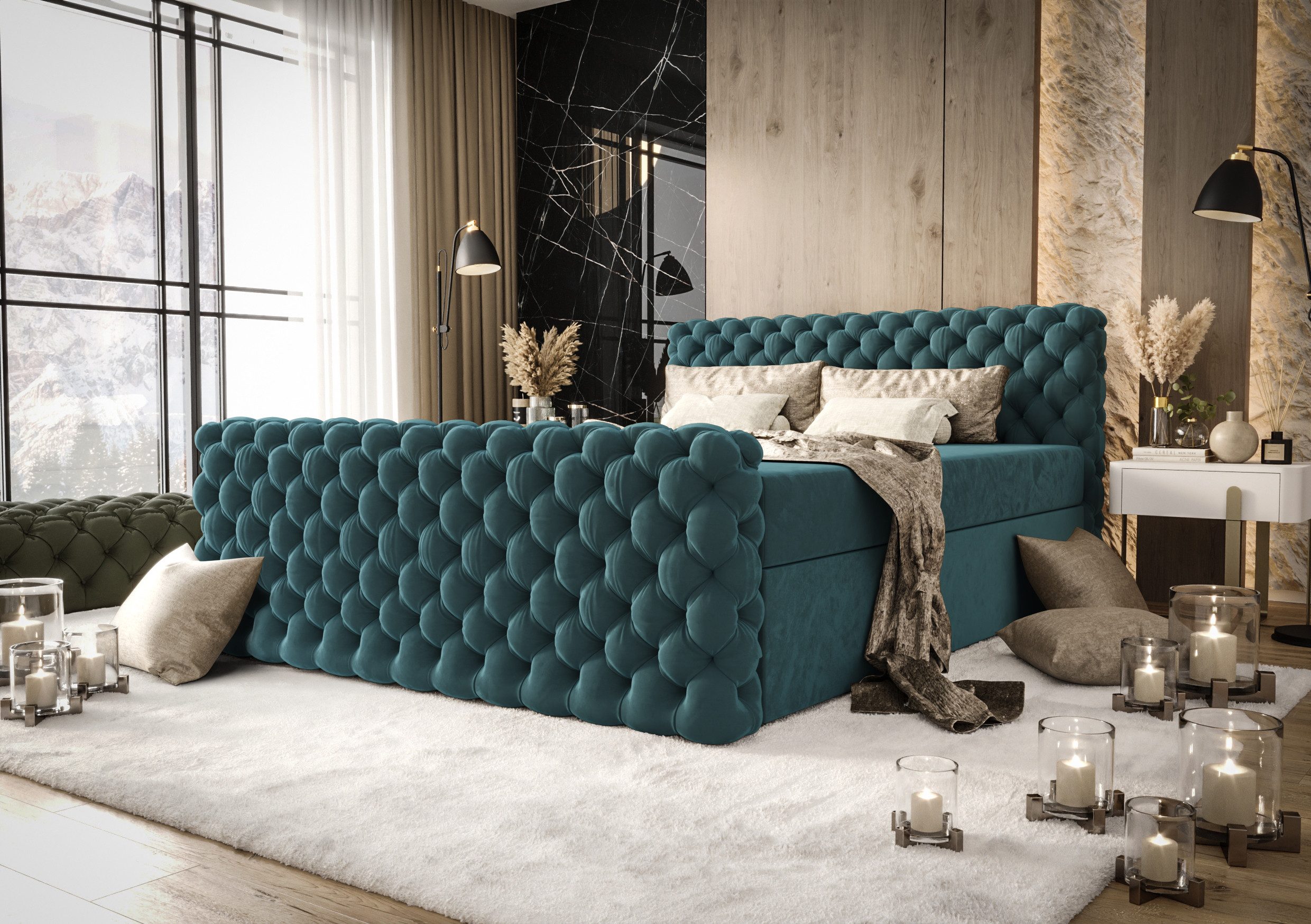 B&B Home Boxspringbett Boxbett Figo IV 180 cm 200 cm (inkl zwei Bettkästen, Multipocket-Matratze und Topper, Chesterfield)