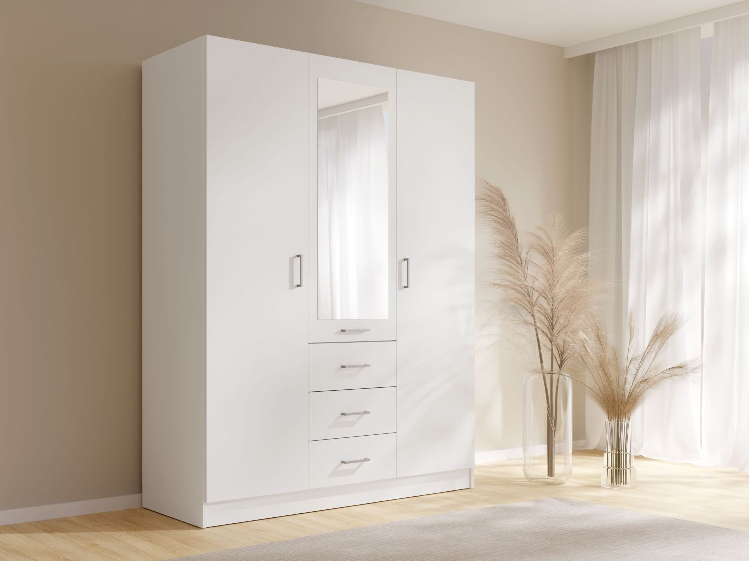 Lukas Möbel Schlafzimmer-Set Elegantes Schlafzimmer Set Monsun in Weiß, Bett mit 5 Schubladen, Kleiderschrank mit Spiegel, Breite wählbar – Bild 2 von 5