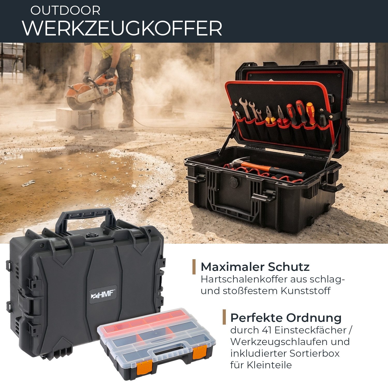 HMF Werkzeugkoffer 15603-02 Outdoor Werkzeugkoffer leer, Werkzeugkasten groß, 46,5 x 36 x 20,5 cm, Schwarz