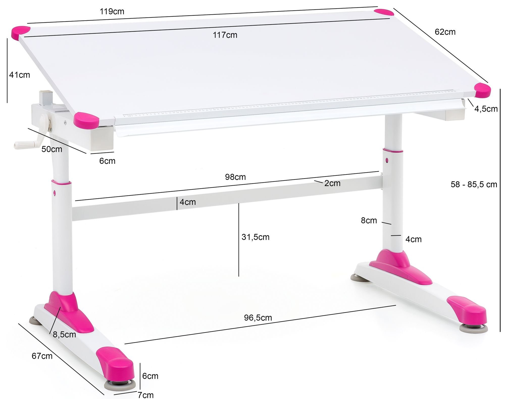 67 Wohnling Neigbarer Maltisch), Weiß 119 x Schreibtisch WL5.759 Modern Kindertisch Pink Schülerschreibtisch, (Kinderschreibtisch cm