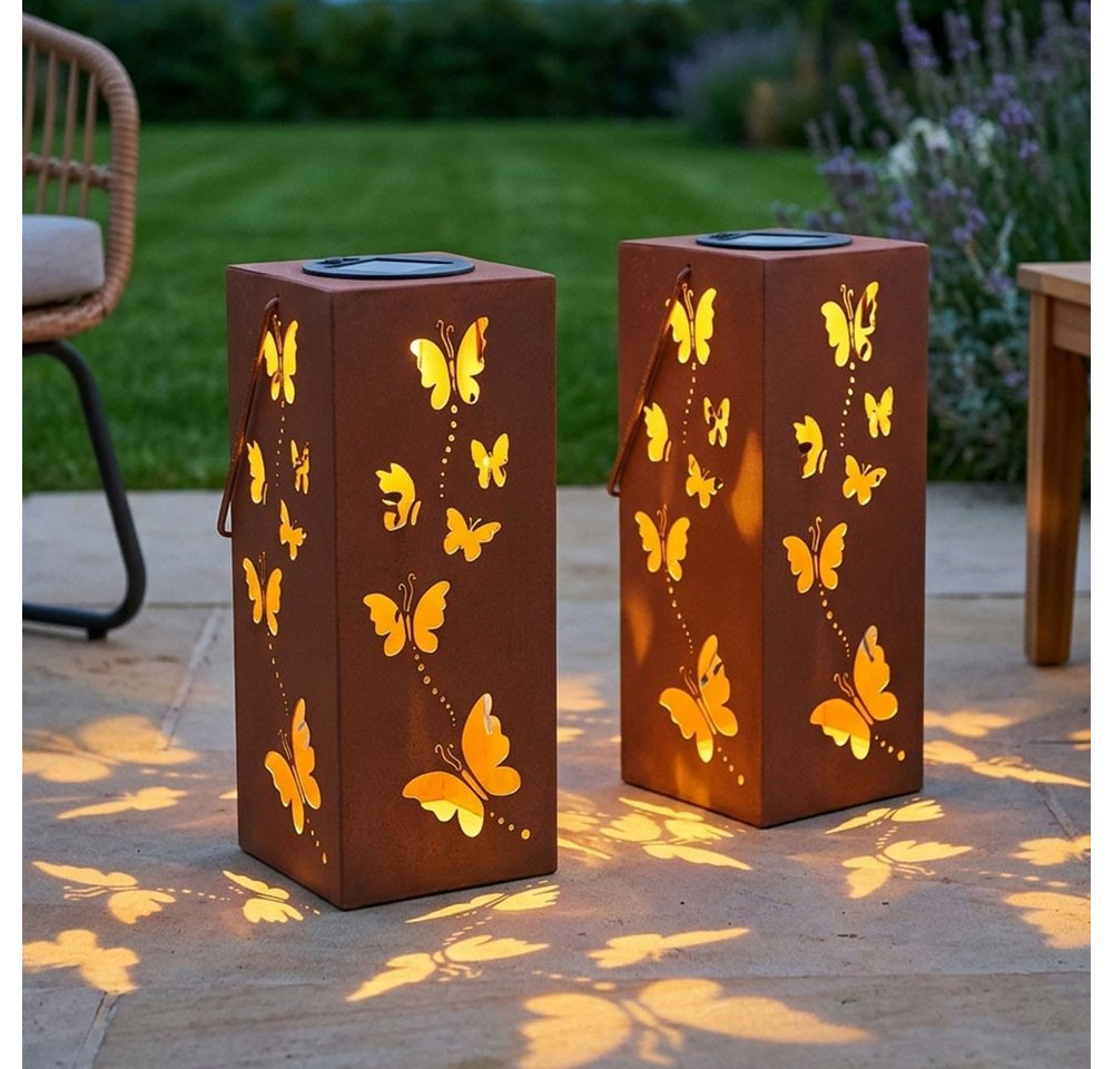 Harms Import LED Solarleuchte, LED-Leuchtmittel fest verbaut, 2x Solarlampe Außen Hängeleuchte Laterne Schmetterling rost LED H 45cm