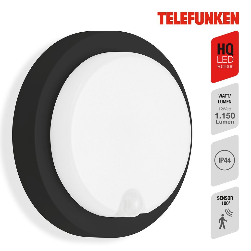 Telefunken Außen-Wandleuchte 315305TF, Leuchtdauer einstellbar, LED fest integriert, 2700K - Extra-Warmweiß, Außenleuchte IP44 Bewegungssensor 1150lm 4000K 12W