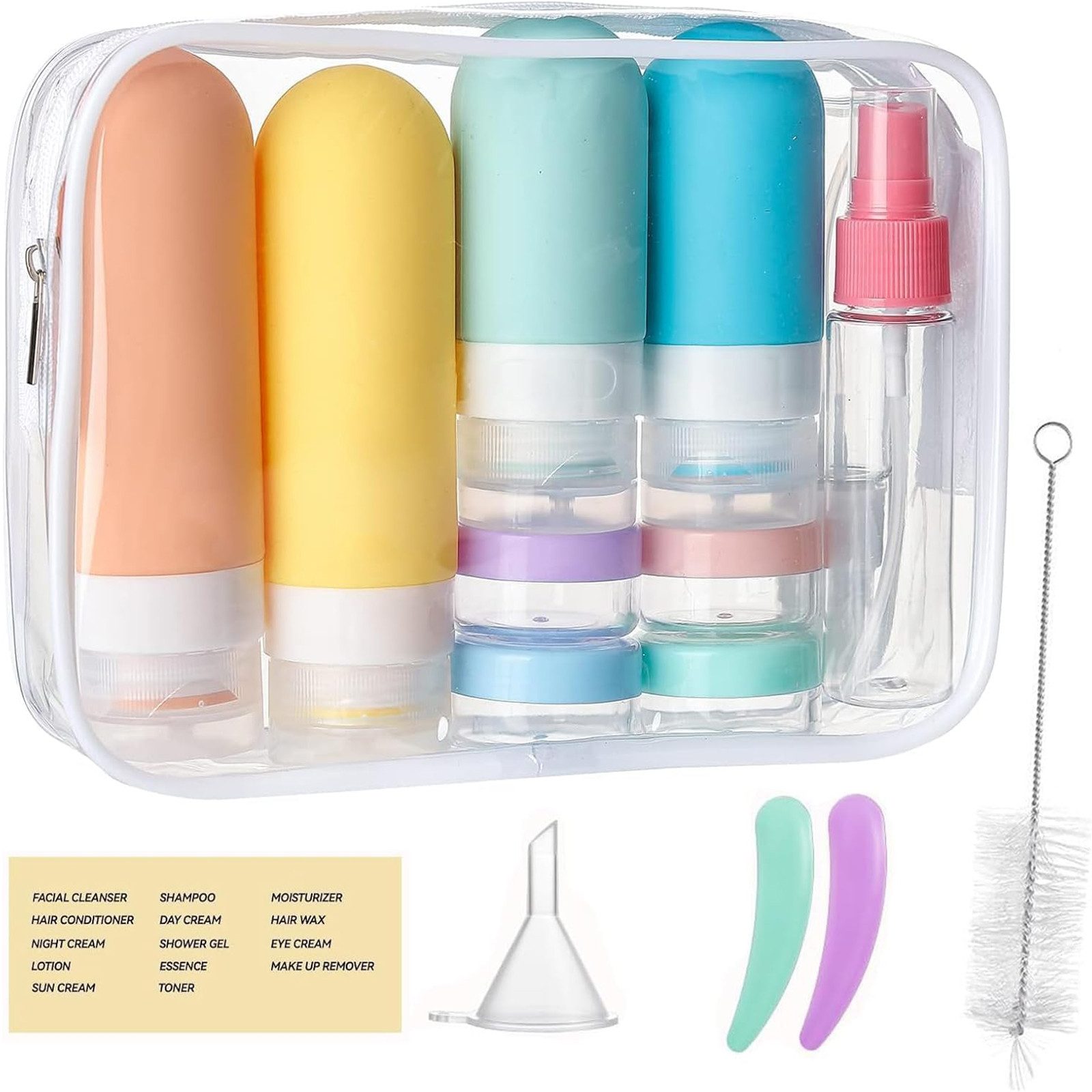 MOPUEA Reisebehälter 16-teiliges Reisebehälter Set mit Reiseflaschen & Kosmetiktasche (Reisebehälter Set für Kosmetik und Pflegeprodukte, 16-teiliges Reiseset mit Flaschen, Dosen und Zubehör), Auslaufsicher, BPA-frei, platzsparend und wiederverwendbar