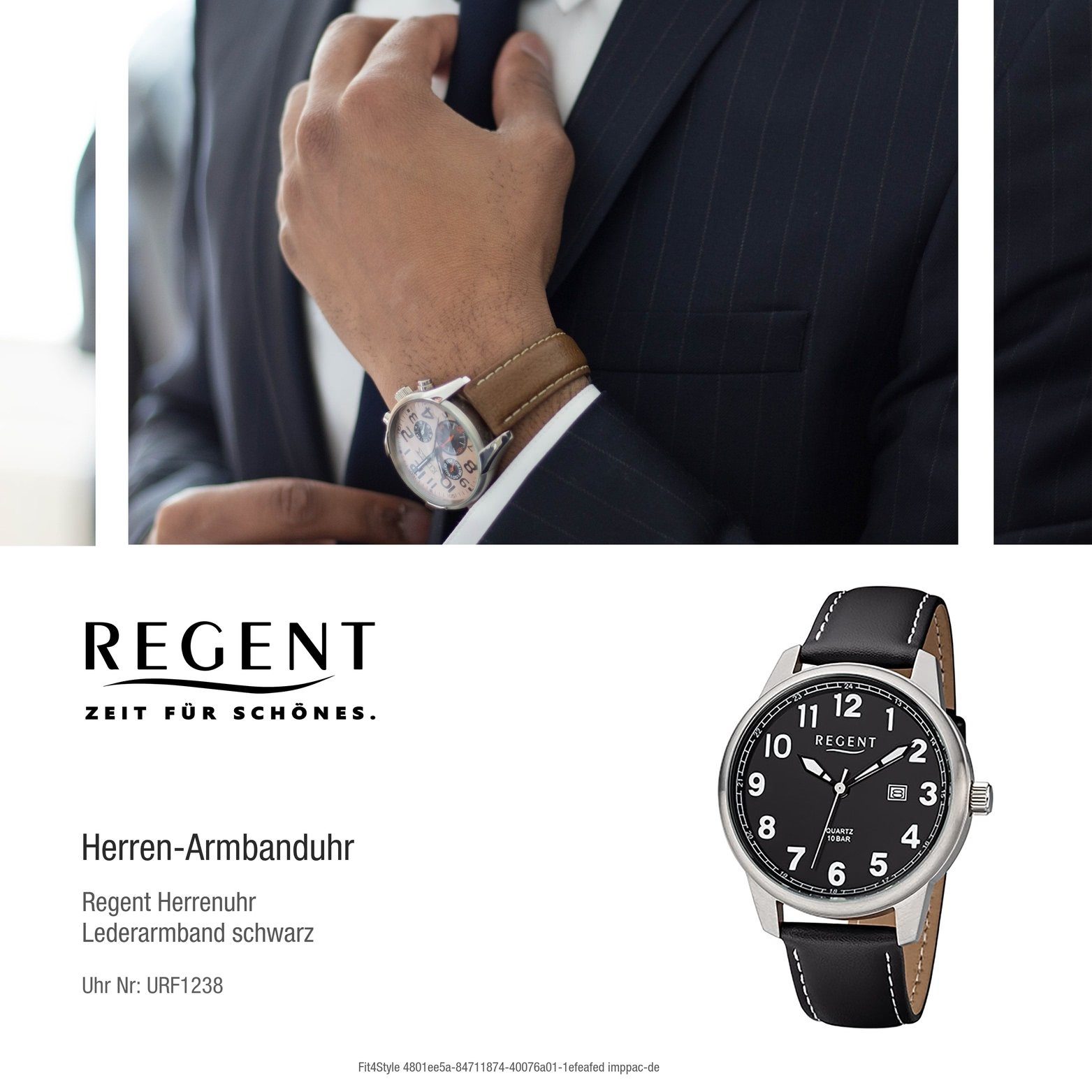 Regent Quarzuhr Regent Leder (ca. Uhr Herrenuhr groß schwarz, Gehäuse, rundes 41mm) Lederarmband Herren F-1238 Analog